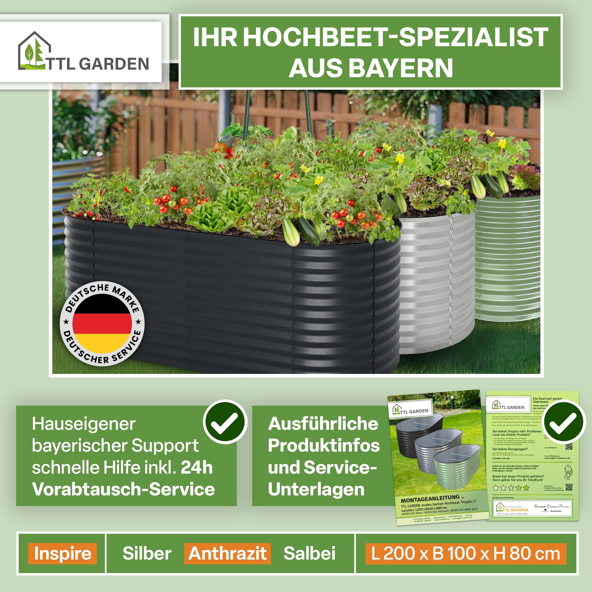 TTL GARDEN 200x100x80cm Inspire L anthrazit Metall Hochbeet Stahl verzinkt | - Rostfrei verzinkt & grau lackiert Wellblech ovale Form stabil Garten Beet für Gemüse Kräuter Blumen Gartenbeet Gemüsebeet