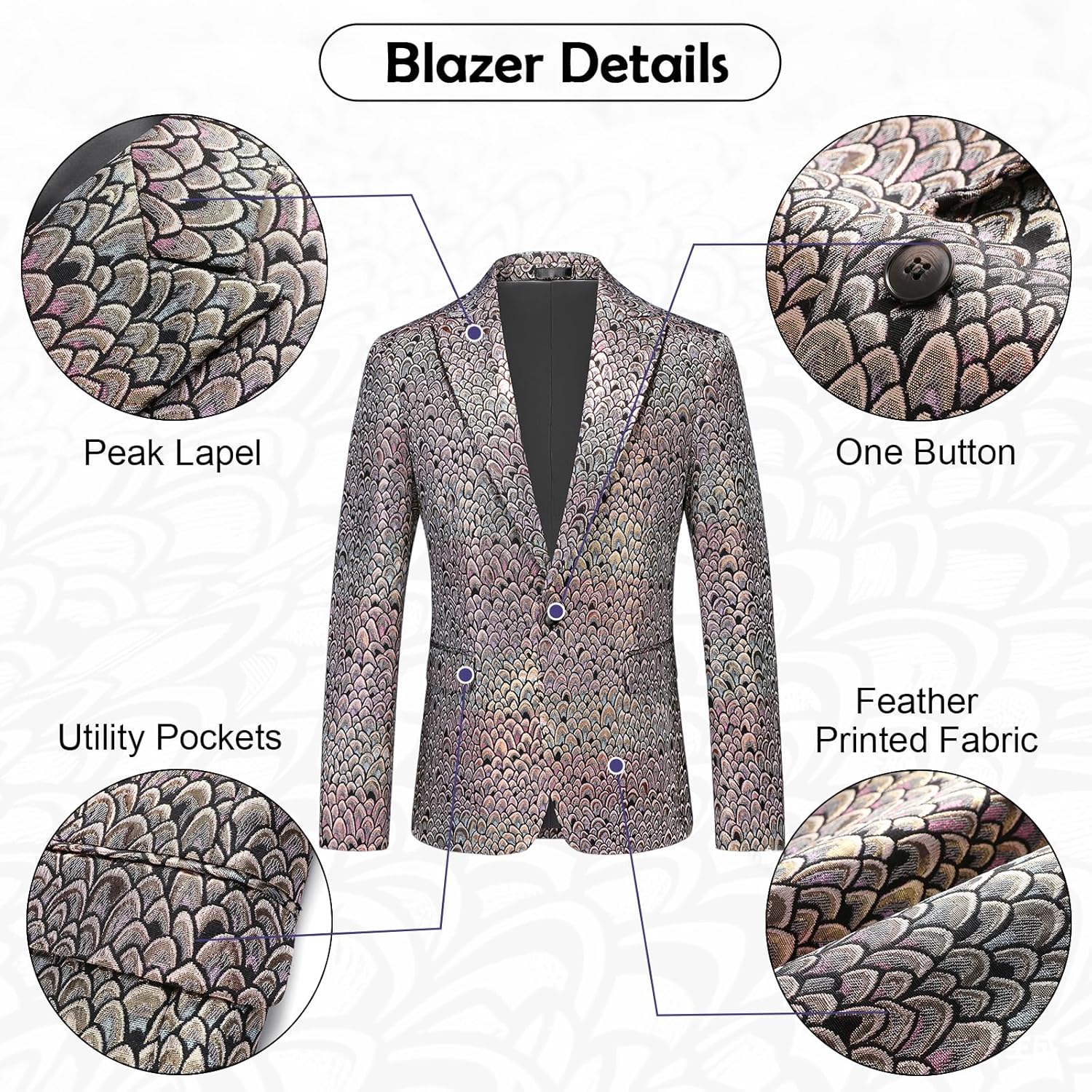 Mens Floral Tuxedo One Button Jacket Peak Lapel Shiny Blazer Dinner Party Wedding Suit Jacket