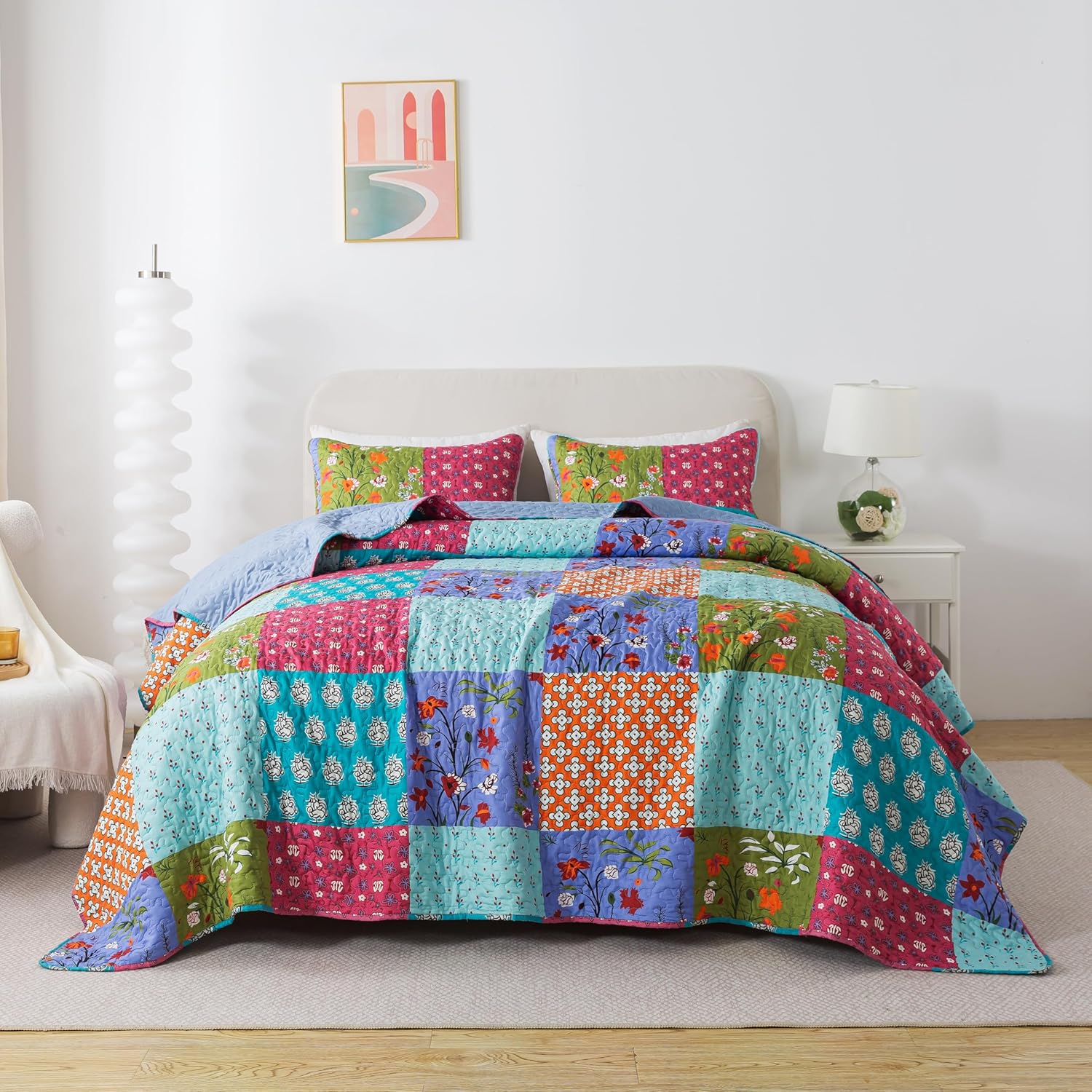 SLPR All is Bright 3-Piece Quilt Set – Queen Size with 2 Shams, Summer Lightweight Quilted Bedspread with Colorful Patchwork, Bohemian Vintage-Inspired Bedding for All Seasons - Image 8