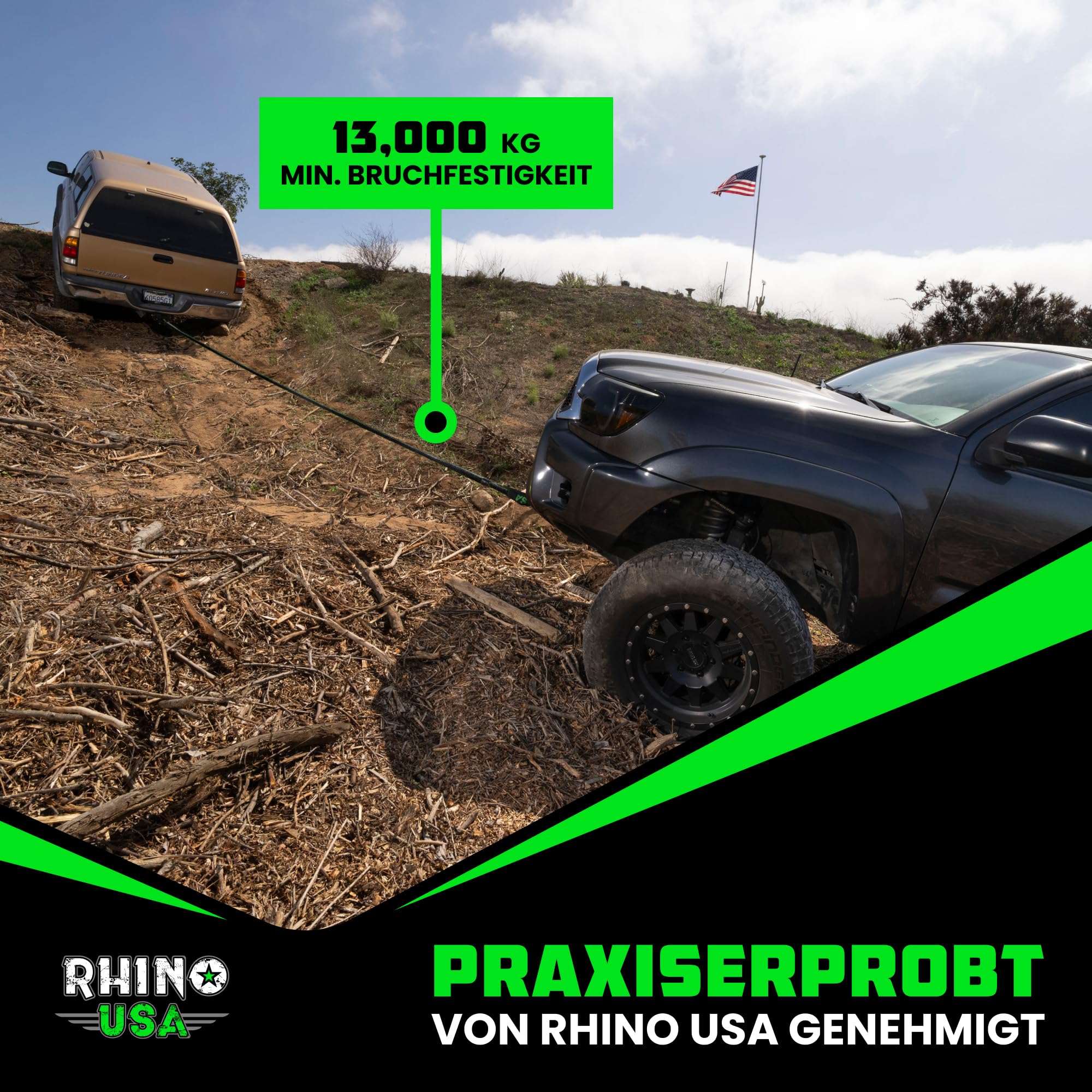 Rhino USA Kinetisches Seil Bergungssatz 13,000kg (2.2cm x 9m) - Schwerlast Offroad Schnappriemen - Abschleppseil elastisch Bergeseil - Set enthält 2 weiche Schäkel für LKW Auto Traktor - Schwarz