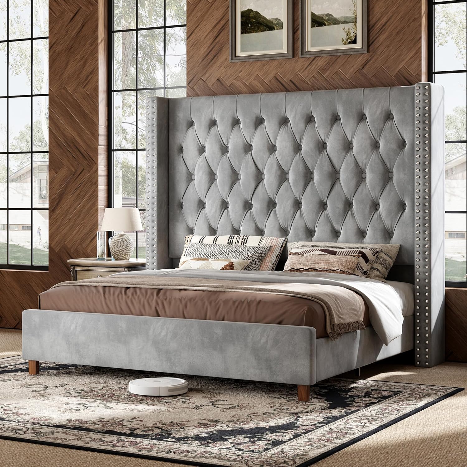 PaPaJet King Size Bed Frame with 61.4" Tall Headboard, Velvet Upholstered Platform and Handmade Deep Button Tufting, No Box Spring Required, Grey
