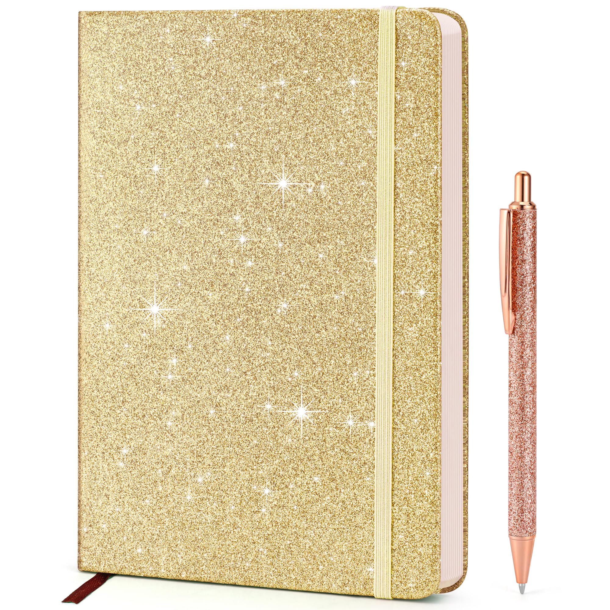 Taccuino dorato glitterato, 21,3 x 14,5 cm, 200 pagine a righe, senza perdita di capelli, diario scintillante per ragazze e donne, diario A5 con copertina rigida per scrittura, regalo di compleanno