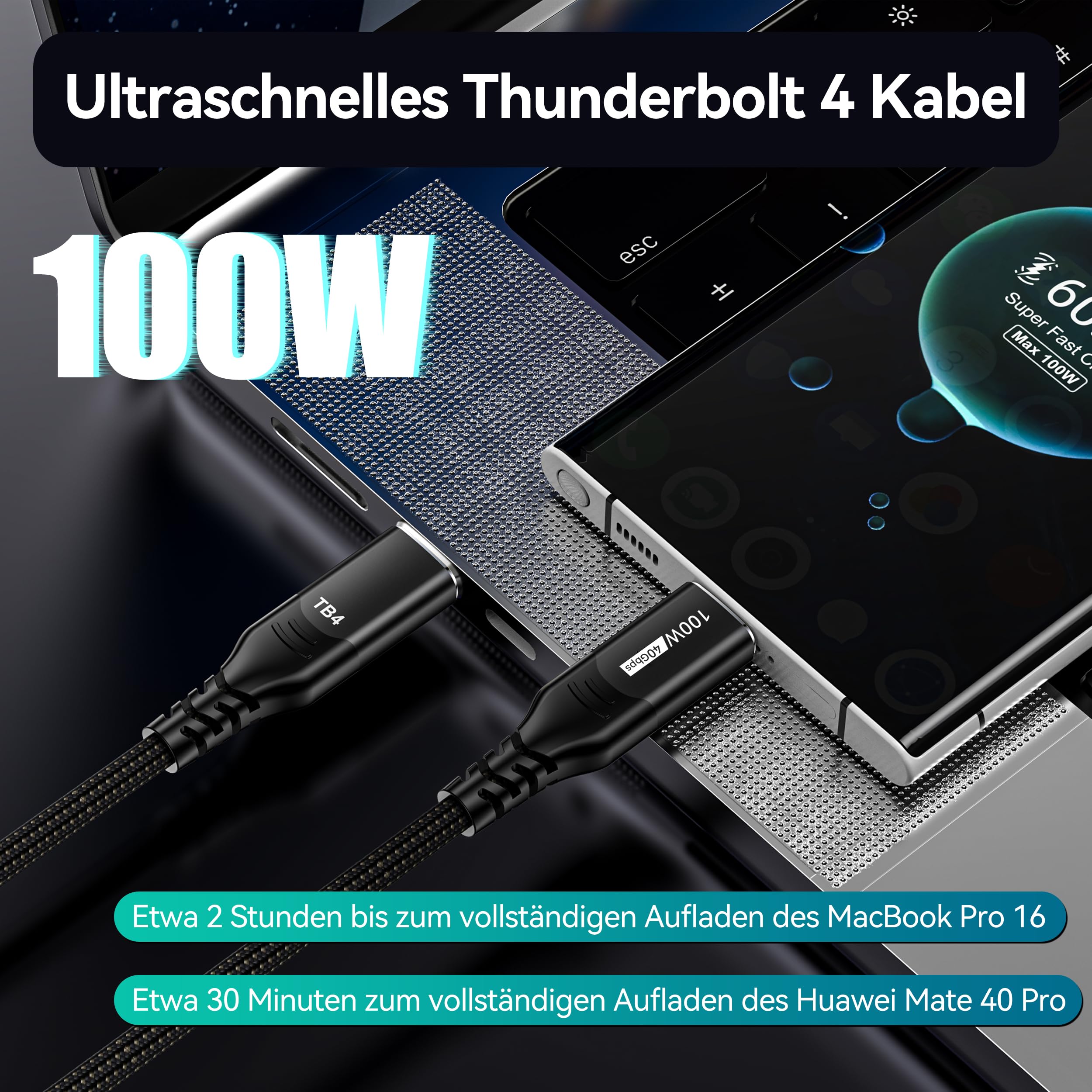 USB C Thunderbolt 4 kabel 40Gbps, szybkie ładowanie 100W kabel danych USB 4, 8K@60Hz kabel USB C na USB C do MacBook, stacji dokującej, PSSD, iPhone 16, laptopa, Android Auto, eGPU, 1,5m