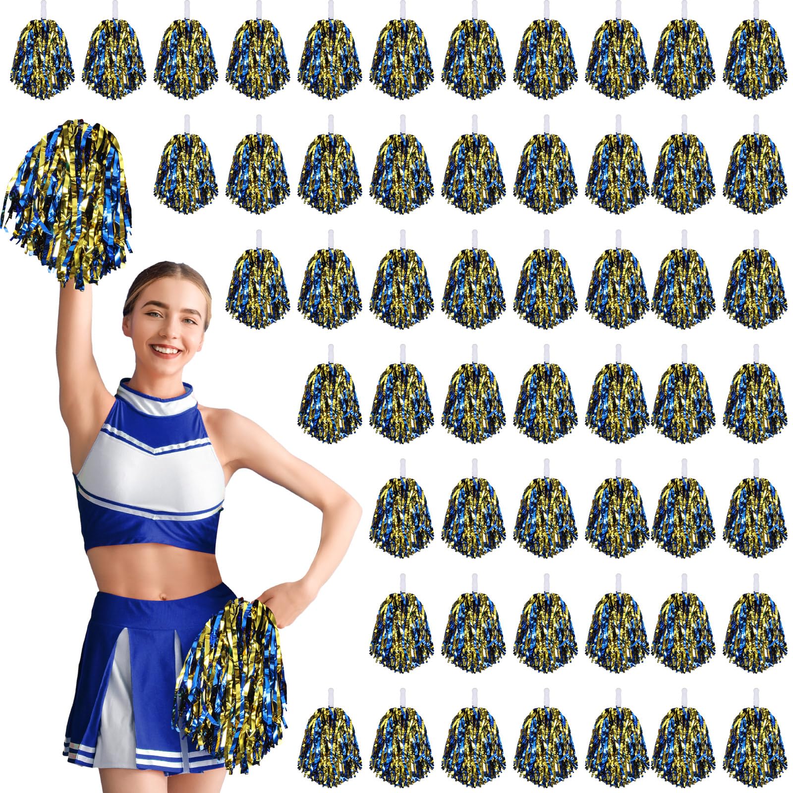 Halloscume 60 Pcs Cheerleading Pom Poms Cheering Pompoms Bulk Cheer Metallic Foil Pom with Baton Handle Plastic Poms Squad for Game Team Spirit Sports