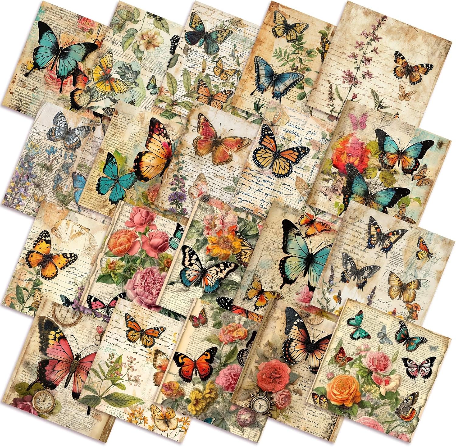 HunnmingRe 20 Pack 10x10 Vintage Butterfly Quilting Fabric Squares - Retro Floral Precuts Poly Cotton for Quilts Patchwork DIY Crafts