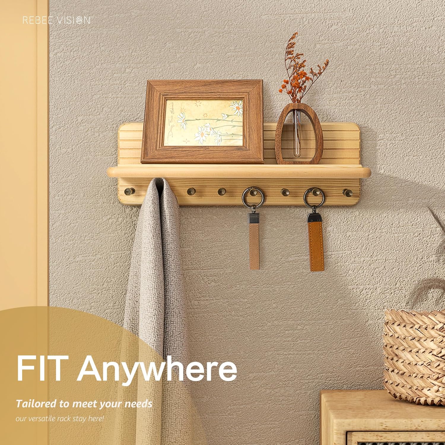 Farmhouse Key Holder Wall Mount for Office Decor – Rustic Key Hanger with 8 Sturdy Hooks & Floating Shelf for Small Plant or Mail Storage – Wall Organizer for Entryway, Living Room (Natural Wood)