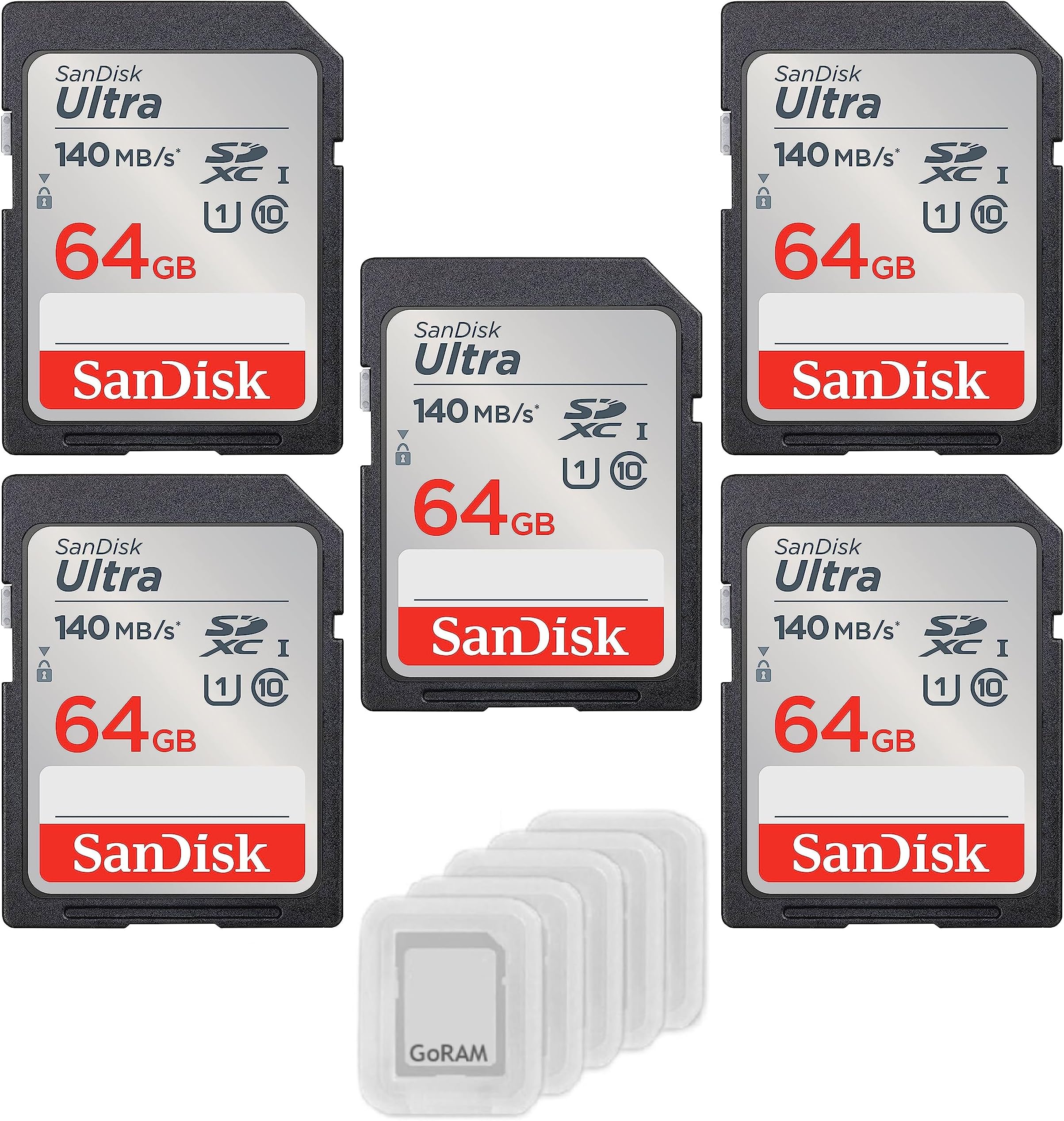 64GB Ultra SDXC UHS-I Class 10 Memory Card 140MB/s U1, Full HD, SD Camera Card SDSDUNB-064G (5 Pack) Bundle with (5) GoRAM Plastic Cases