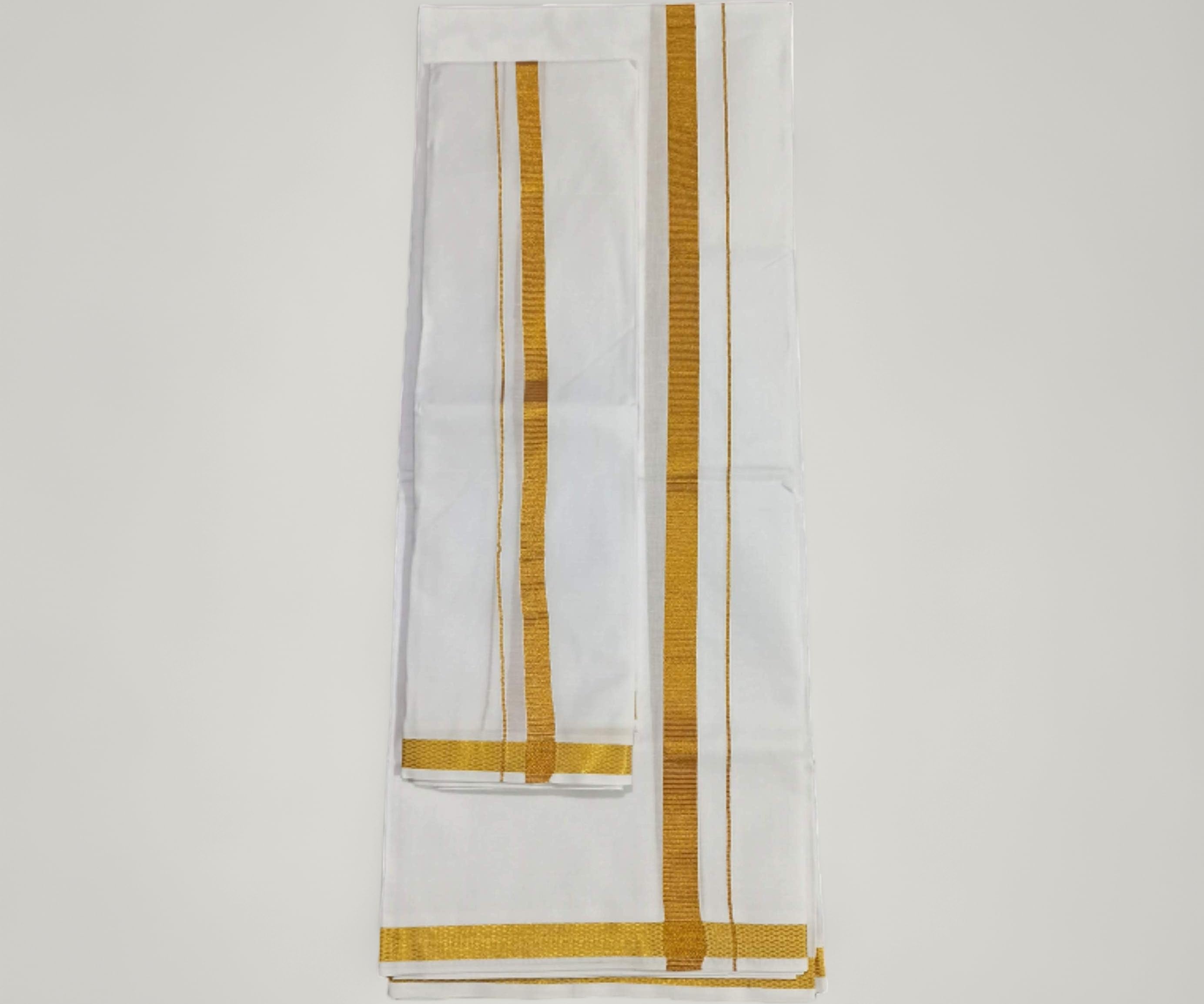 Men's Traditional Cotton Single Dhoti Lunge with Big Gold Border.Plus 1 Angvastram Towel 1.80 Meters Length.(White, Free Size ).Set.A1
