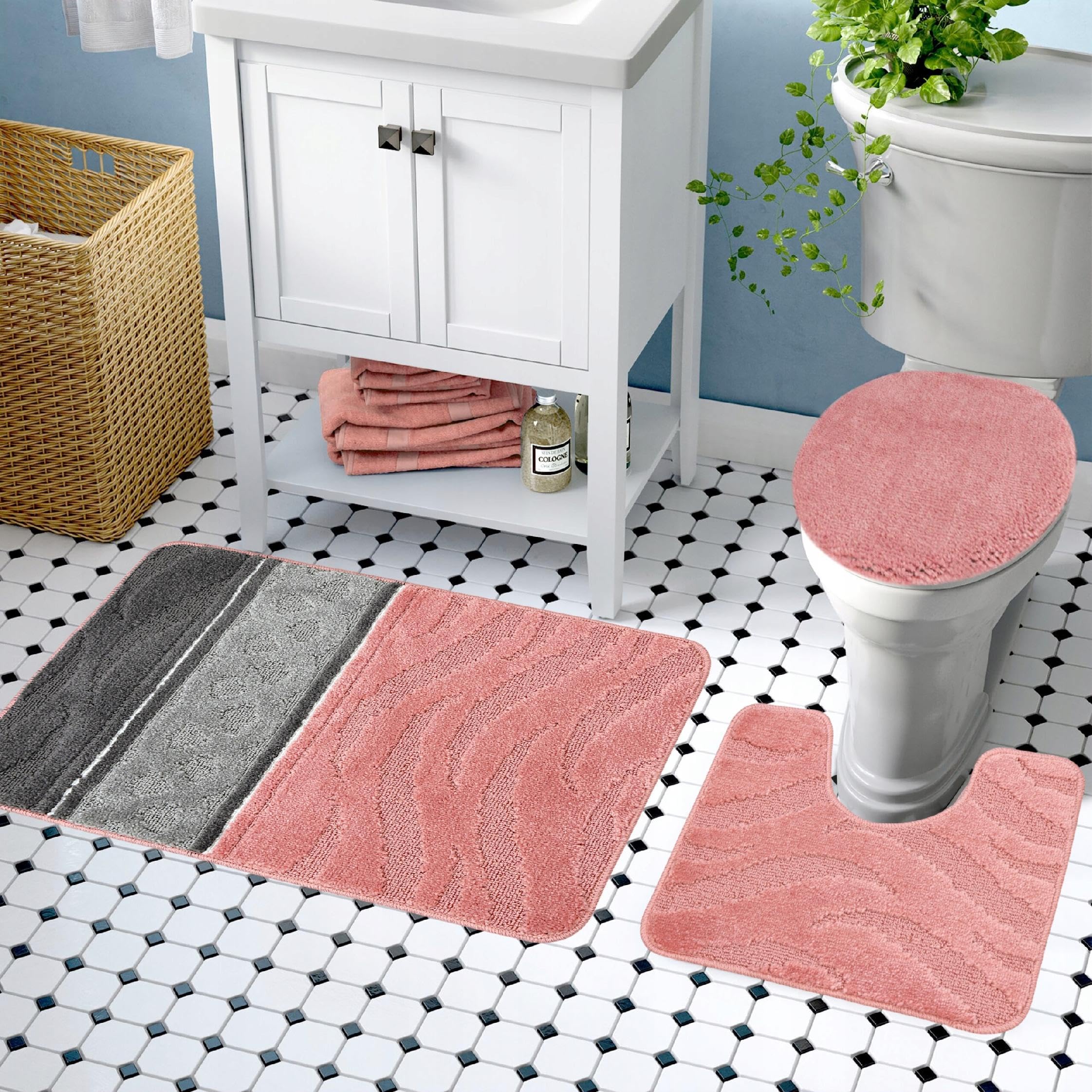 Badteppich Set 3-TLG. Rosa & Grau – rutschfest & Weich, Badematte für Badezimmer Teppich 50x80 cm & 50x40 cm - Ideal für Fußbodenheizung
