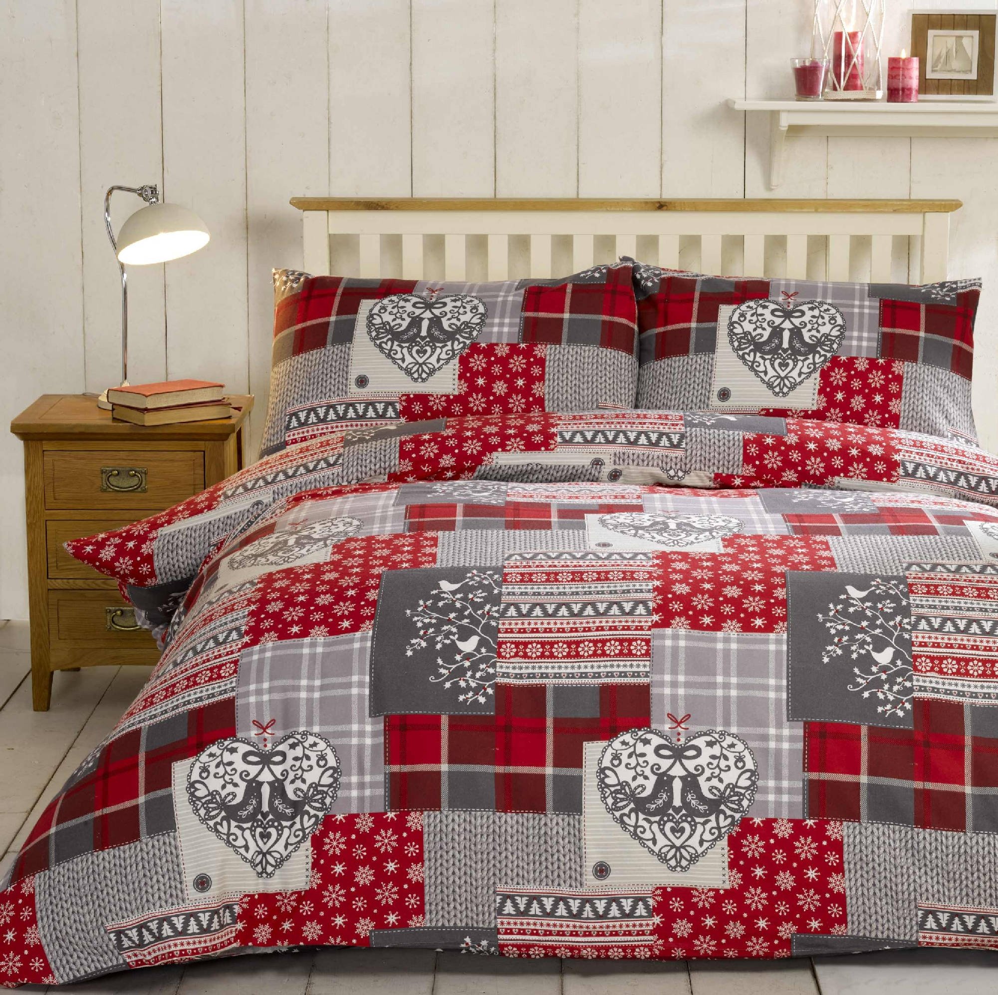 Alpine Patchwork 100% Brushed Cotton Flannelette Heart Quilt Duvet Cover and Pillowcase Bedding Bed Set, Red/Multi-Colour, Single