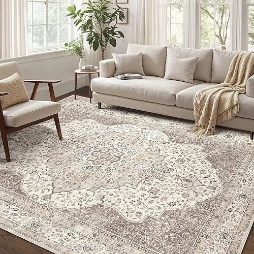 Washable Rug 10x14 Area Rugs for Living Room Bedroom Dining Room Home Office Floor Decor-Stain & Fade Resistant Non Slip Backing Carpet,Ultra-Thin Vintage Large Carpets(Brown/Beige,10'x14')