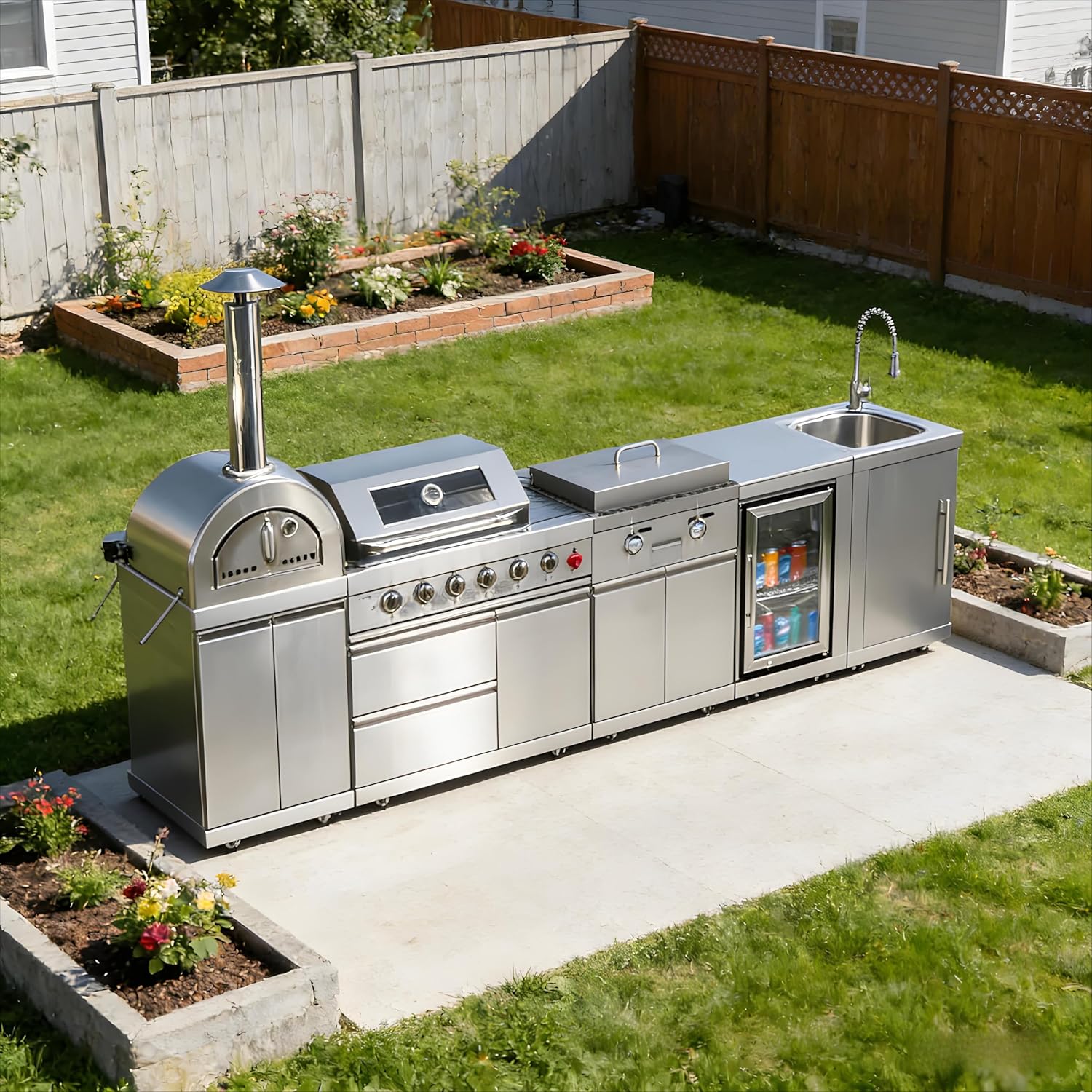 Patio Kitchen Island Modular BBQ Grill Station Stainless Steel Outdoor Cooking Island for Backyard Deck, Weatherproof Rust Resistant Outdoor Grill Island with Sink Prep Counter Storage for Home Use