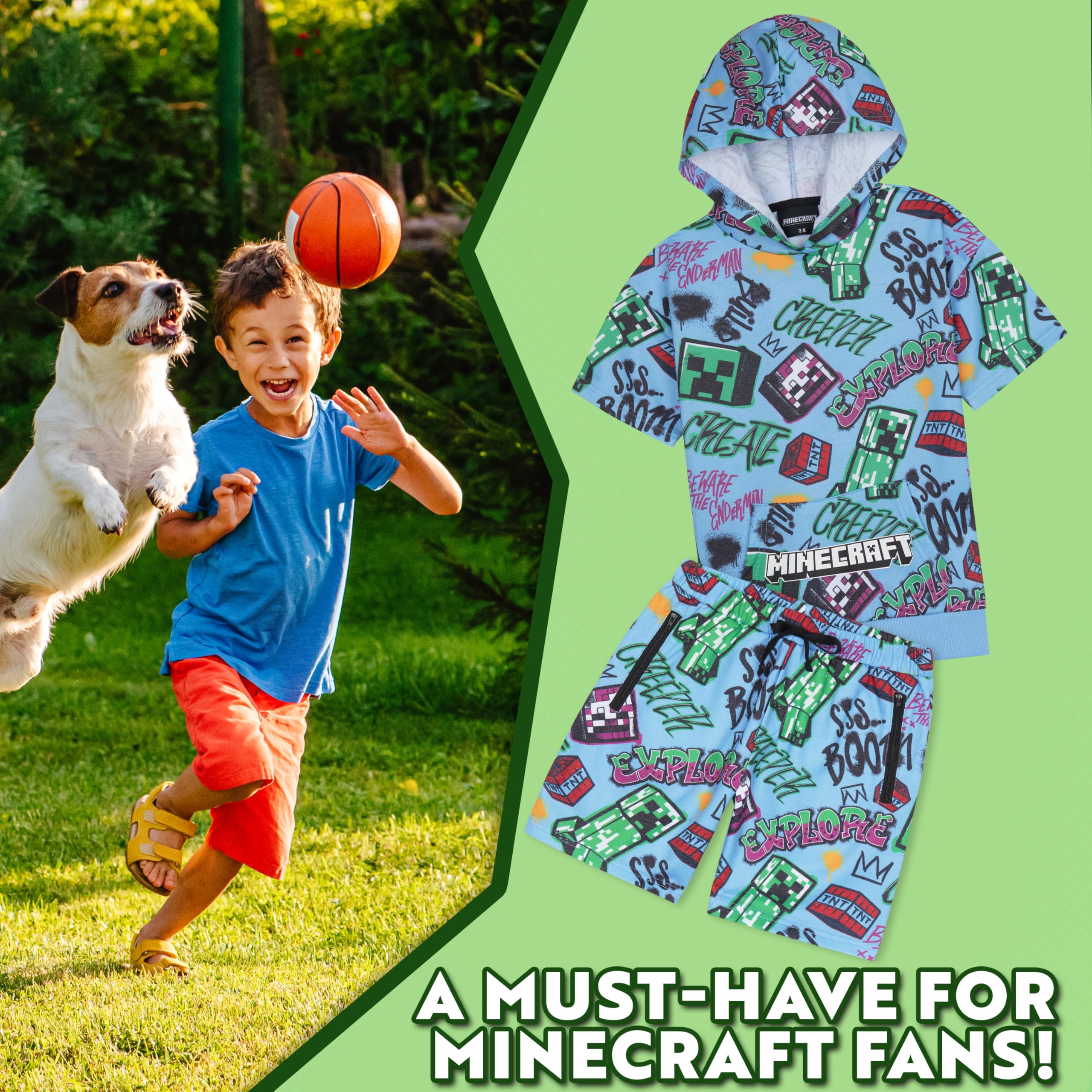 Minecraft Conjunto de 2 piezas de sudadera con capucha y pantalones cortos para niños y adolescentes, de manga corta, con capucha, bolsillos con cremallera, ropa deportiva casual
