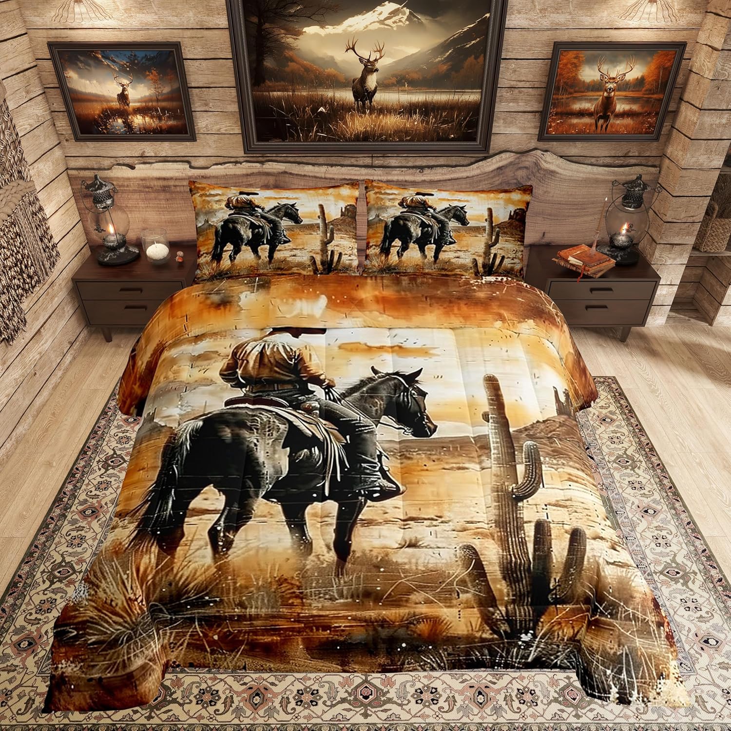 Erosebridal Western Cowboy Bedding Set Toddler Size for Kids Boys Vintage Wild West Comforter Set American Rustic Desert Comforter Native Botanical Country Bedroom Decor Soft Lodge Cactus Duvet Quilt