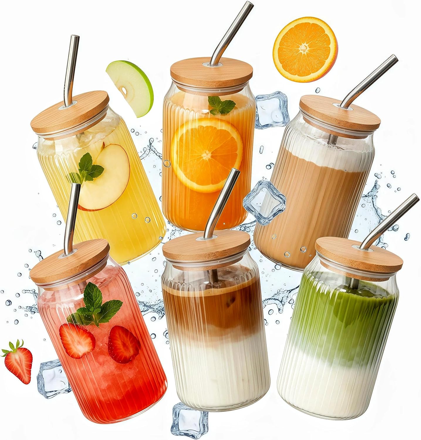 6 Packs Ribbed Glass Tumbler with Lid and Straw Ice Coffee Cup 16 oz Employee Christmas Appreciation Gift Idea Bulk Team Boss End Year Work Office Staff Coworker Team Group Colleague Teamwork Thank