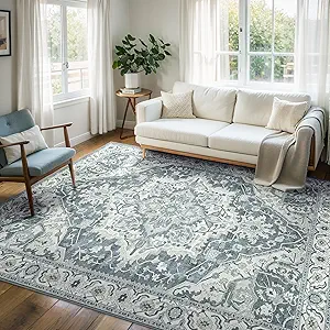 Boho Area Rug 6x9 Washable Large Vintage Rug for Living Room Bedroom Office Kitchen Entrance Dining Room Non Slip Soft Low-Pile Farmhouse, Canal Blue/Multi