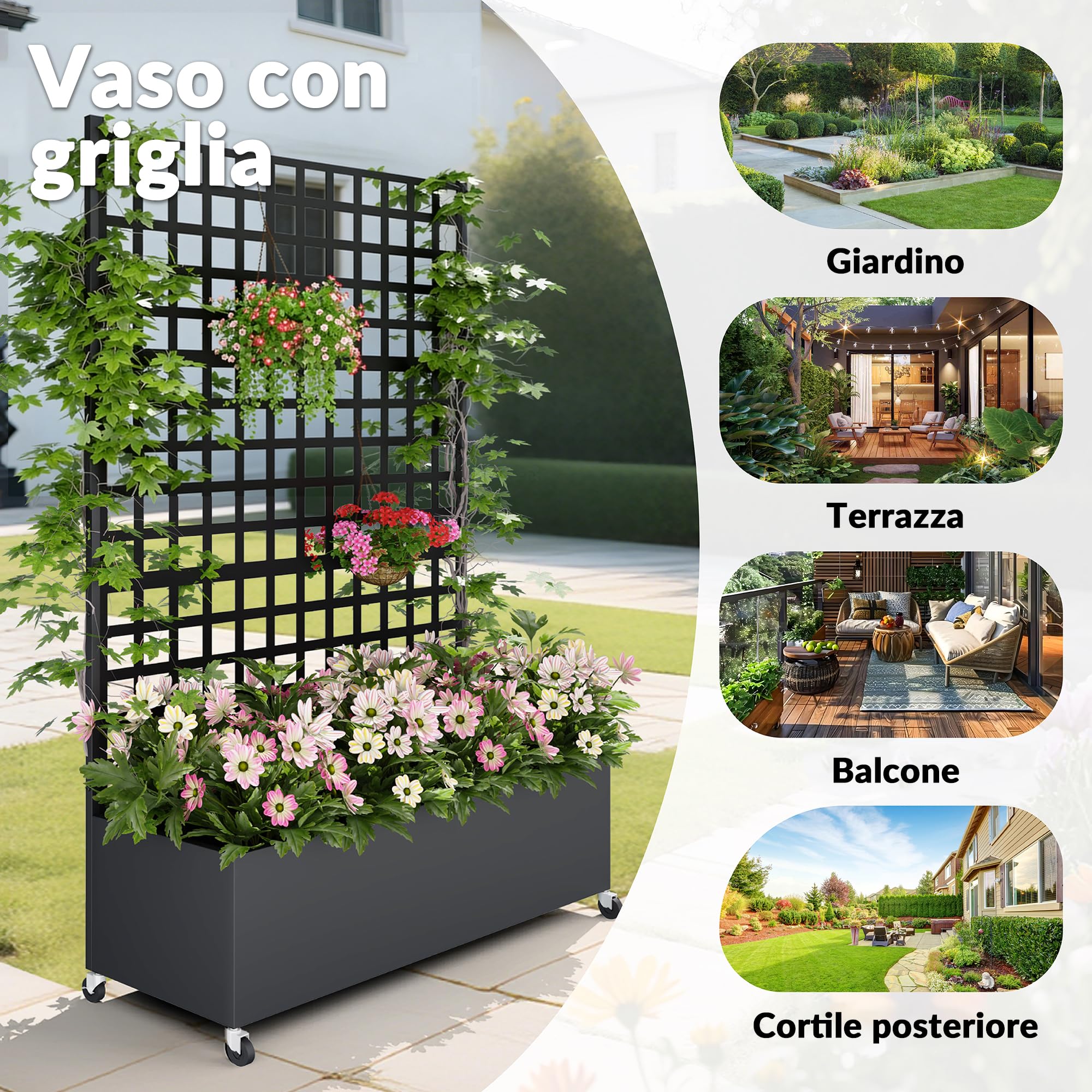 Vaso rialzato metallico 33 cm con schermo privacy, traliccio rampicante e ruote, antiruggine resistente intemperie, autoportante per fiori pomodori piante rampicanti (2 Pezzi)