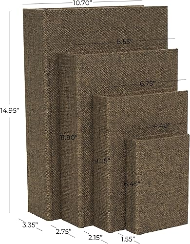 Miniatura 6 de Deco 79 Caja decorativa de madera con forma de libro de almacenamiento de tela, juego de 4 cajas decorativas de recuerdo de 15, 12, 9, 6 pulgadas de