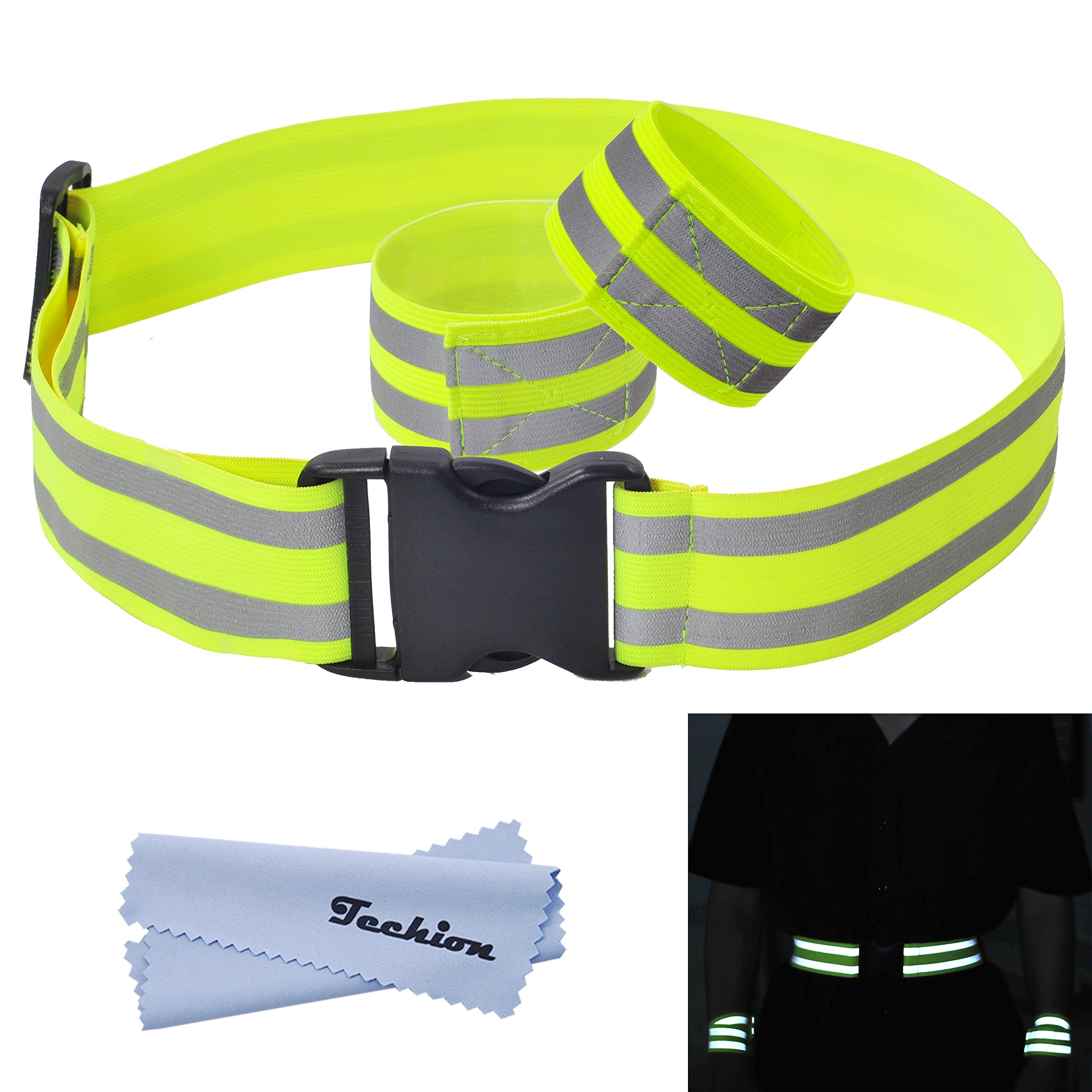Techion Reflective Elastic Fabric Waist Belt Band with Buckle Clip and Two Reflective Strips for Cycling / Biking / Walking / Jogging / Running Gear and Outdoor Sports (Waistband)