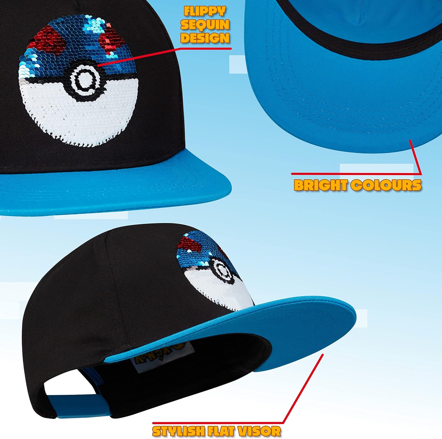 Pokemon Reversible Sequin Cap Boys and Girls Summer Baseball Hat Adjustable Sun Hat Youth Beach Cap Gifts for Kids Black/Blue