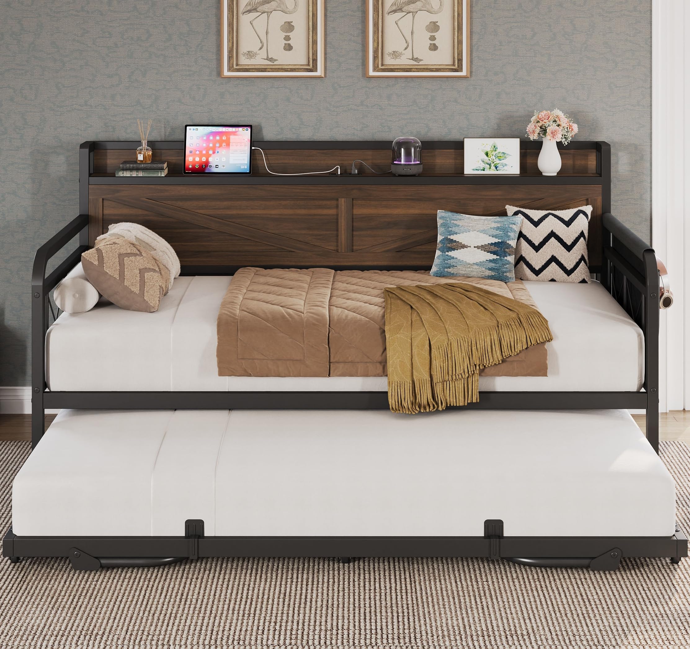 LIKIMIO Daybed with Trundle, Twin Day Beds with Storage Headboard & Charging Station, Trundle Bed for Apartment and Other Small Space, Walnut