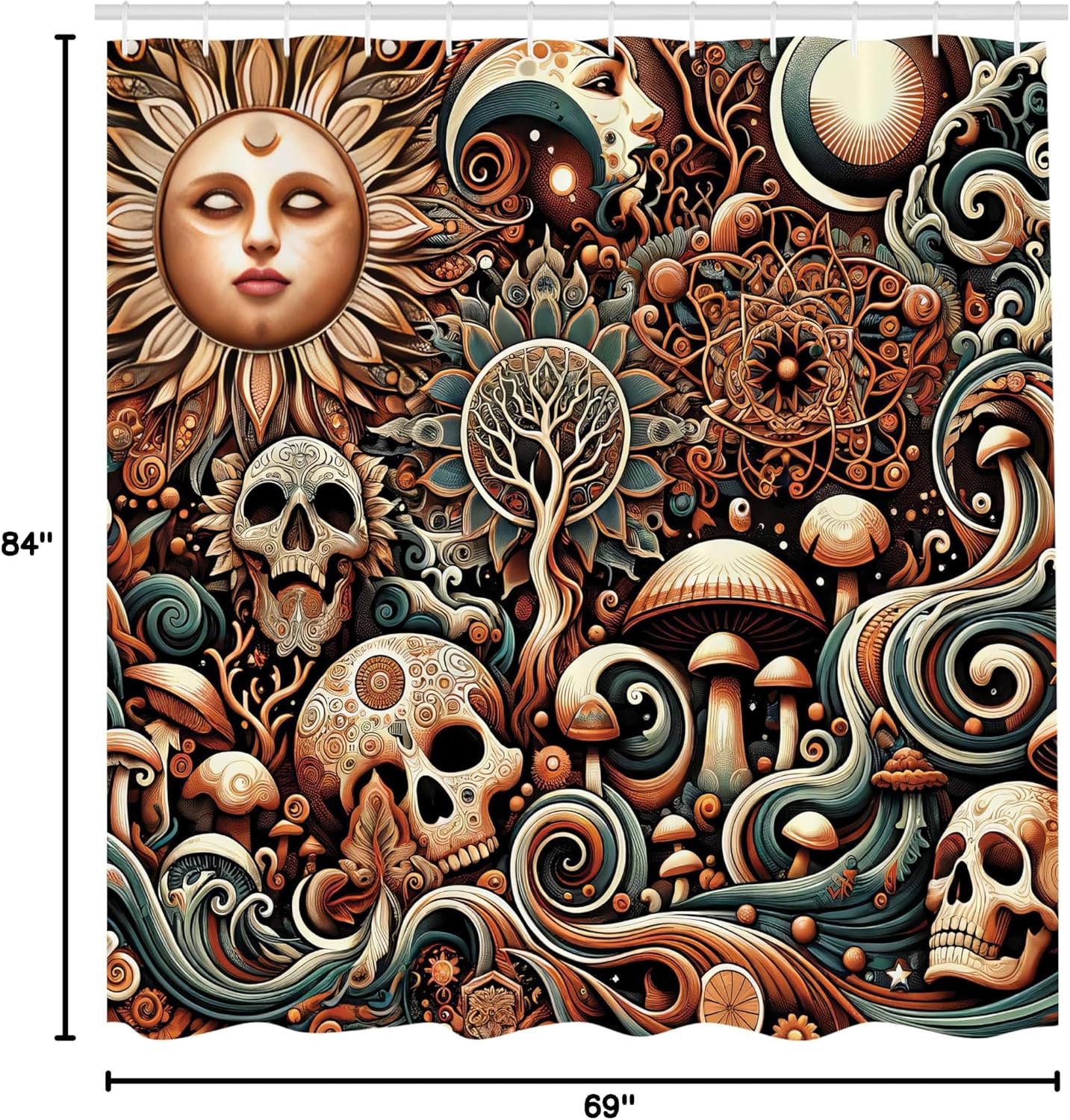 Ambesonne Boho Esoteric Shower Curtain, Deep Dark Hidden Woodland Sun Skulls Waves Mandala Mushrooms, Cloth Fabric Bathroom Decor Set with Hooks, 69" W x 84" L, Cream Paprika Cadet Blue