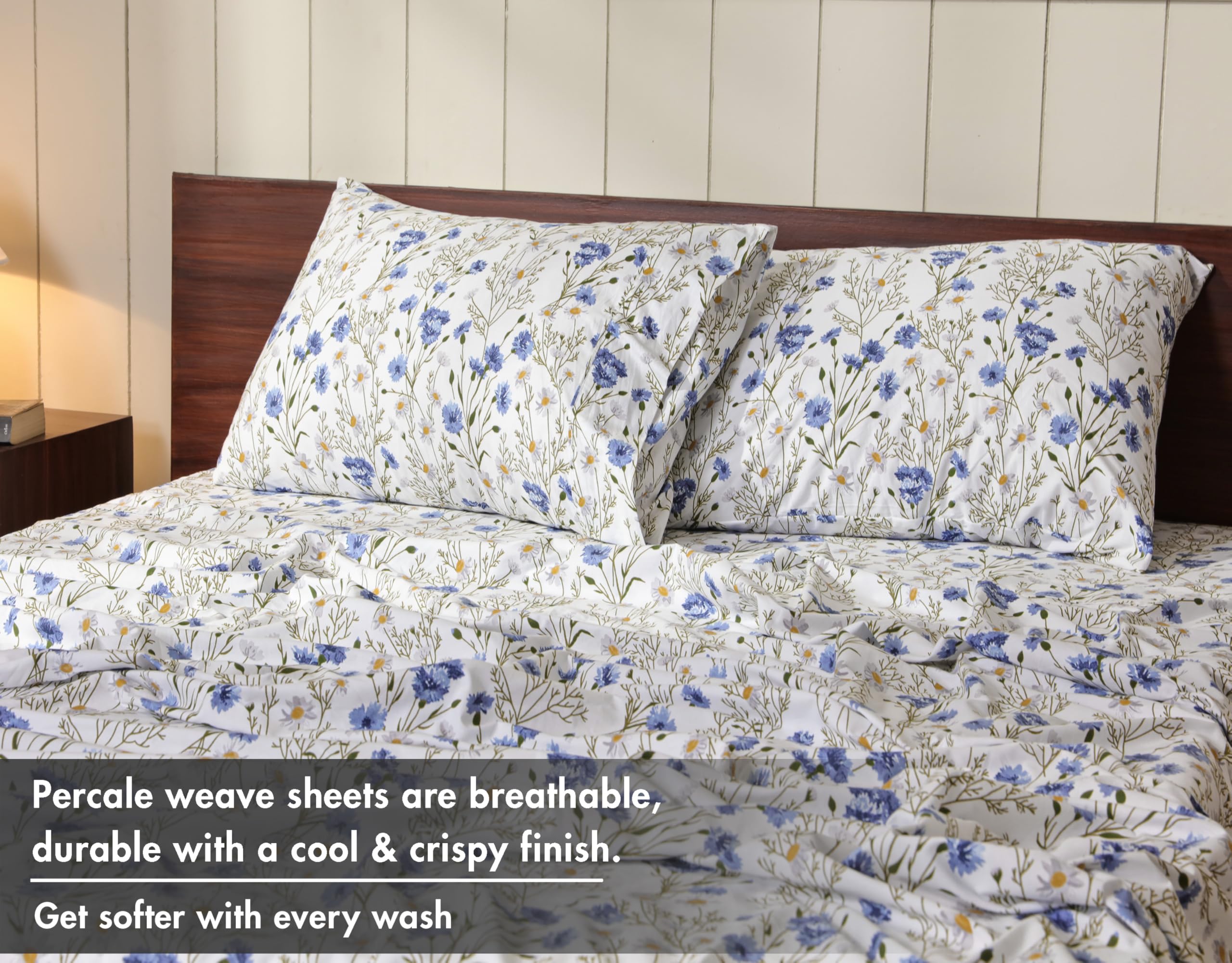 Ruvanti - Set di lenzuola in 100% cotone, per letto king size, 4 pezzi, morbide e traspiranti, tasca profonda 40,6 cm, qualità da hotel, fresche, resistenti, motivo floreale, pisello dolce