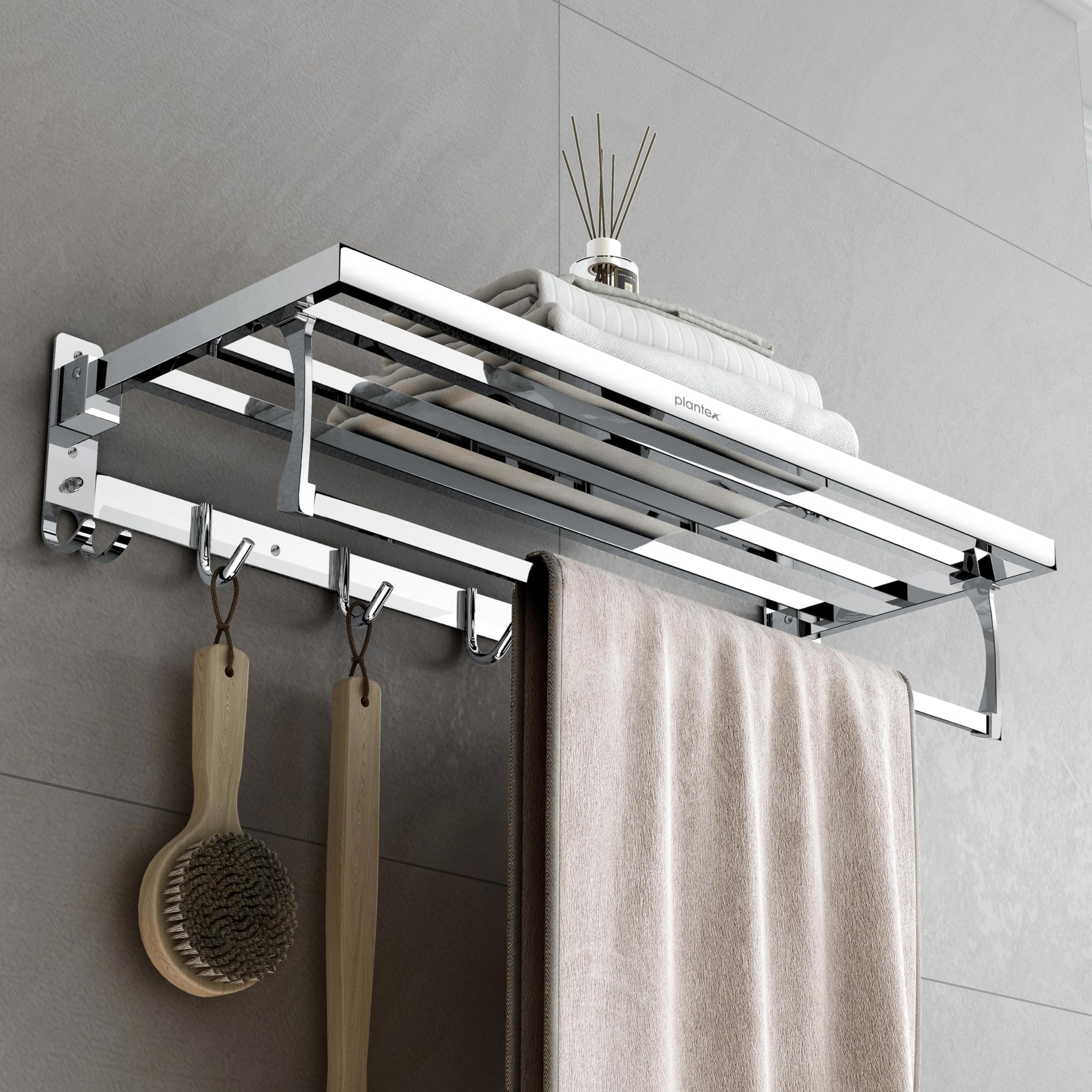 Plantex Folding Towel Rack with Hooks for Bathroom/24 Inch Stainless Steel Towel Hanger/Towel Stand/Towel Rod/Bathroom Accessories - Pack of 1 (Chrome)-image-23