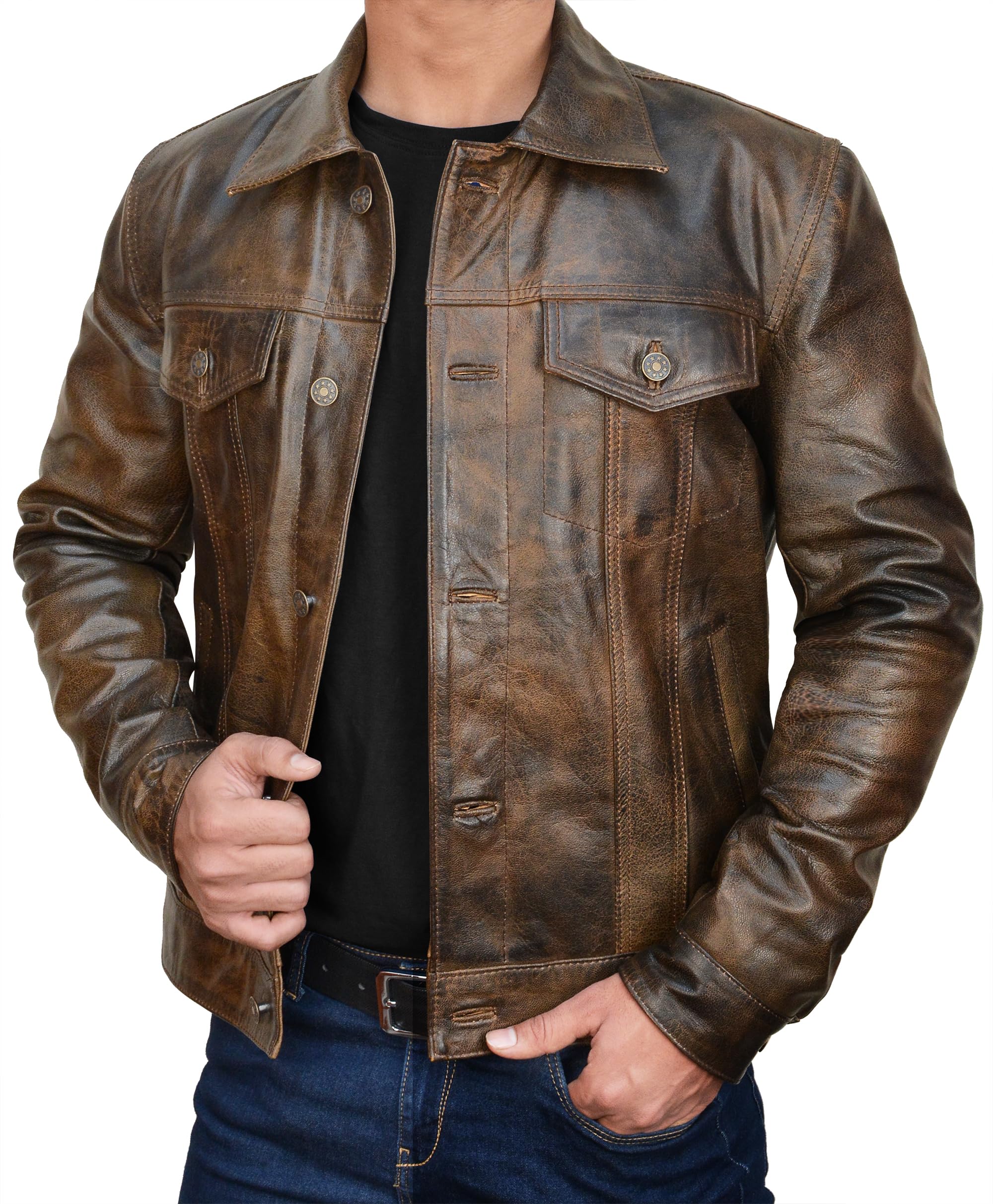 Harrington Veste de camionneur en cuir véritable pour homme – Col de chemise – Veste en cuir de cowboy occidental