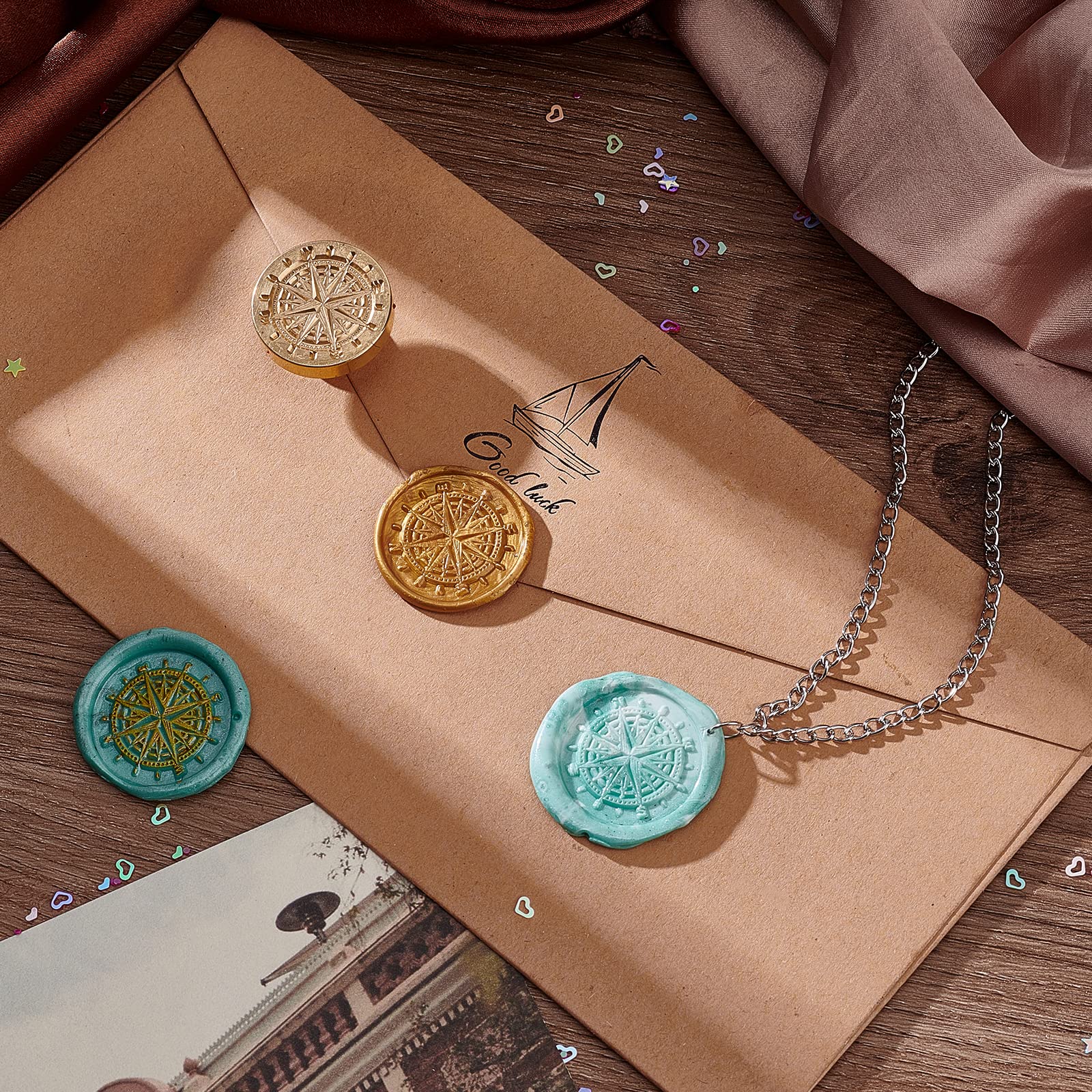 PandaHall Compass Wax Seal Stamp, Sellador de Cera Sellos Cabeza de Latón Retro Kit para Sobre Fiesta Invitación Paquetes Vino Cumpleaños Embellecimiento Regalo Decoración