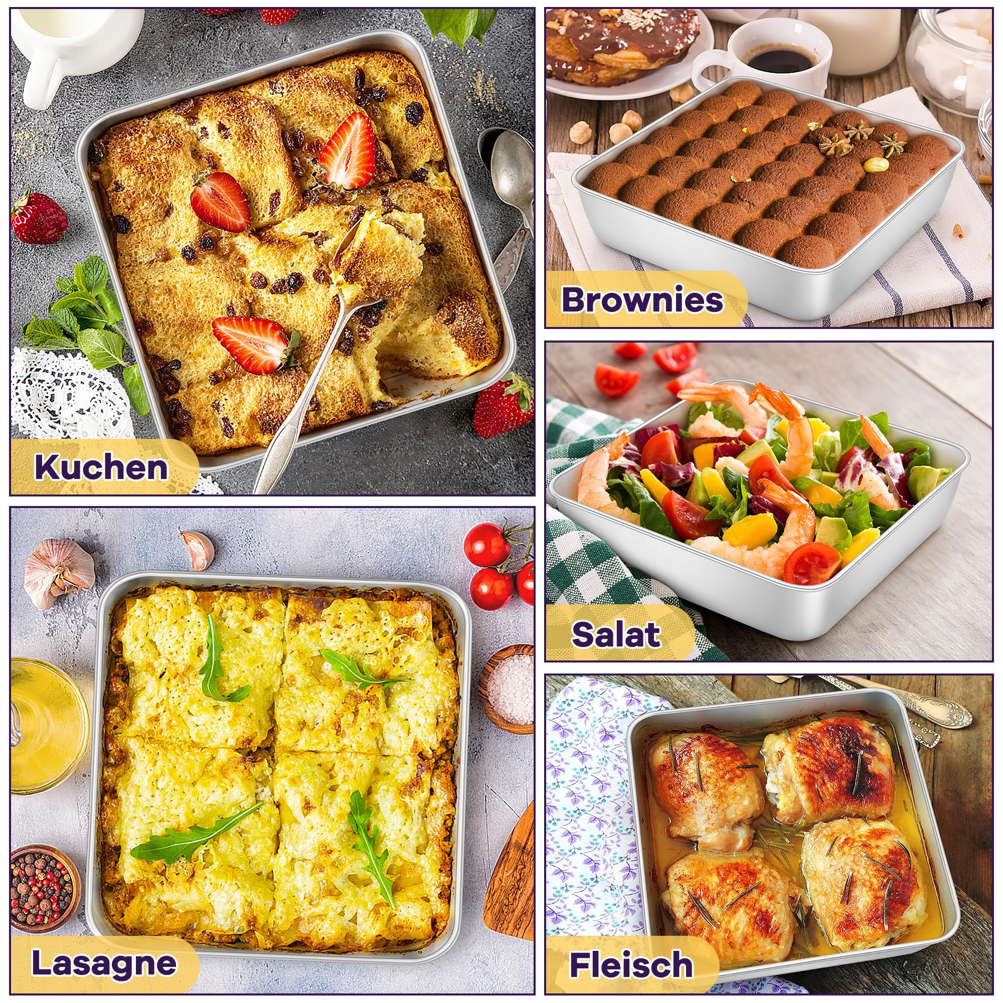HaWare Lot de 4 plats à gratin carrés, en acier inoxydable, petits, carrés, idéaux pour lasagnes, brownies, gâteaux, sains et passent au lave-vaisselle, 15 x 15 x 5 cm