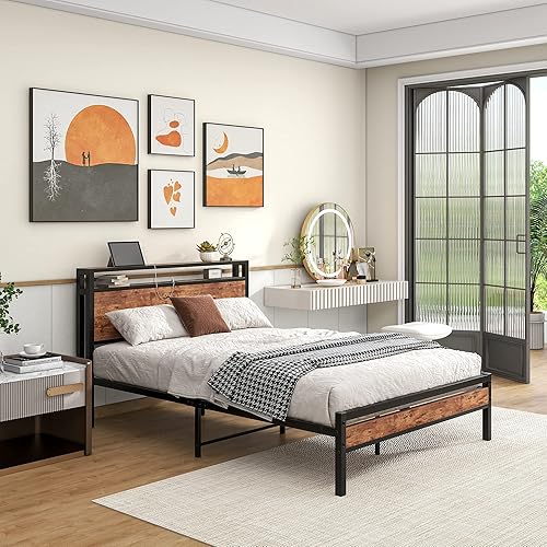 Miniatura 7 de HOJINLINERO Base de cama de tamaño matrimonial con cabecera de almacenamiento/estación de carga USB, marco de cama de plataforma de metal, tamaño