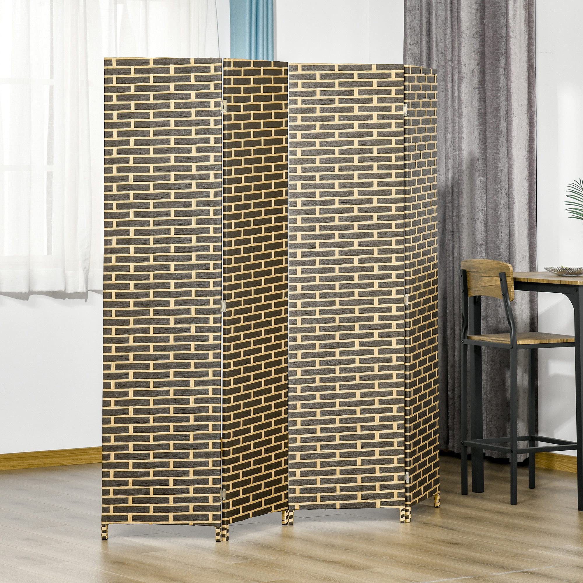 HOMCOM Paravent intérieur 4 Panneaux Pliables 180L x 180H cm séparateur de pièce Bois de peuplier Fibres de Papier tressée Chocolat Paille