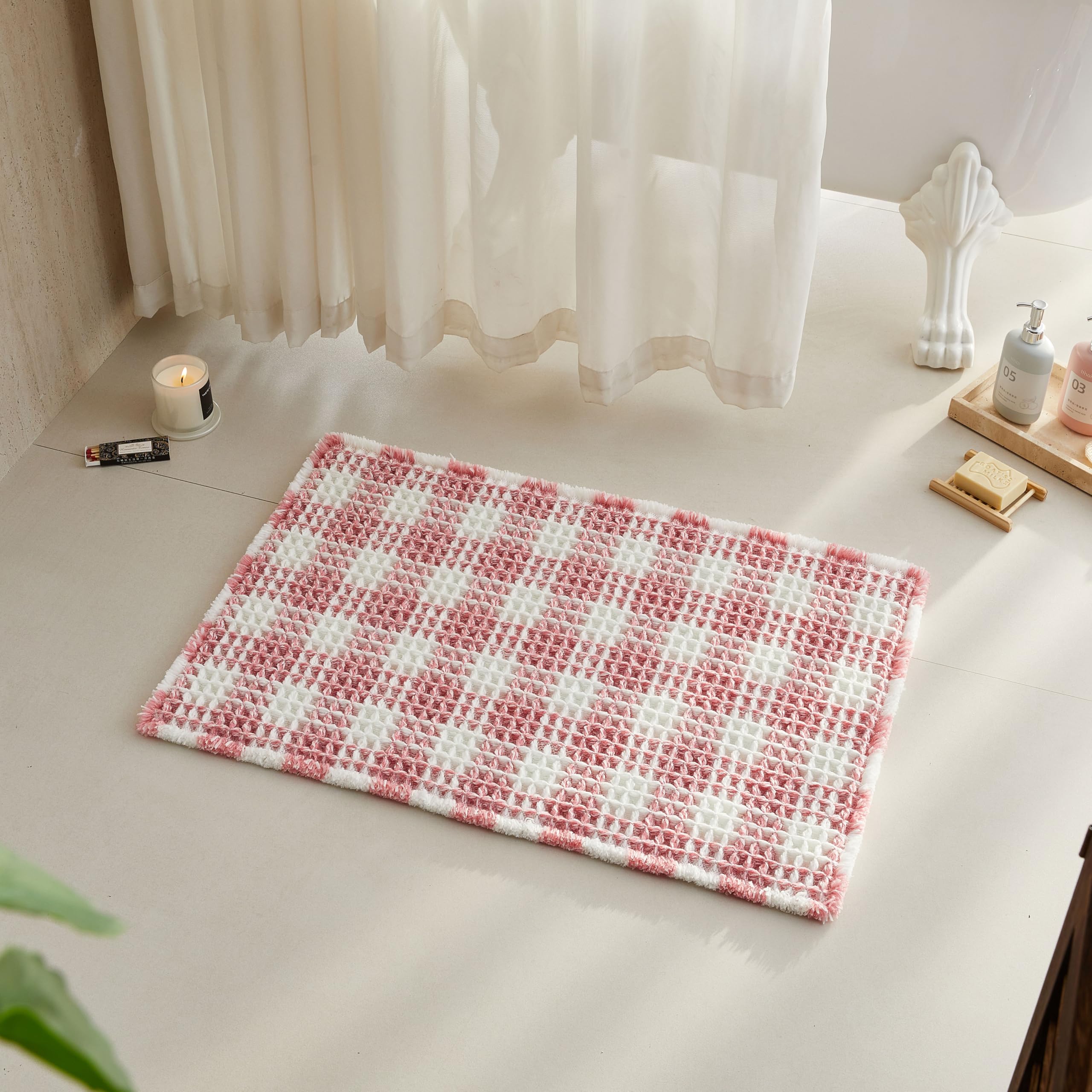 TYUU Waffle Bath Mat, Small Cute Bathroom Rug Non Slip, 24x16 Pink &amp; White