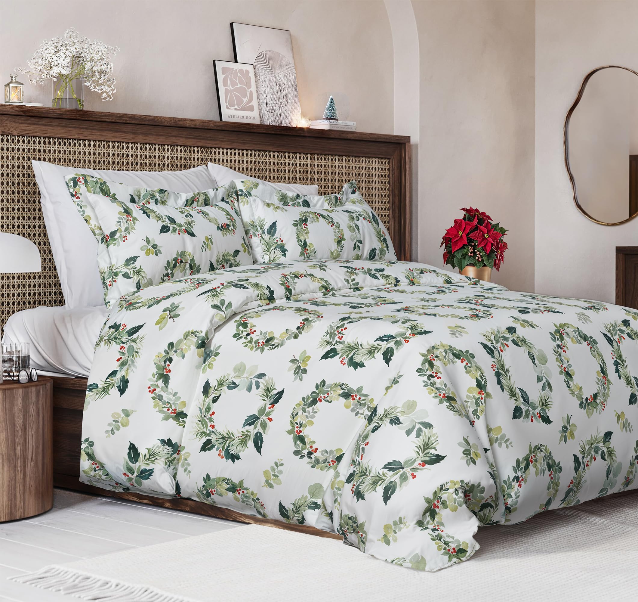 CGK Christmas Duvet Cover Queen Size Set - 90 x 90, Holiday Wreaths