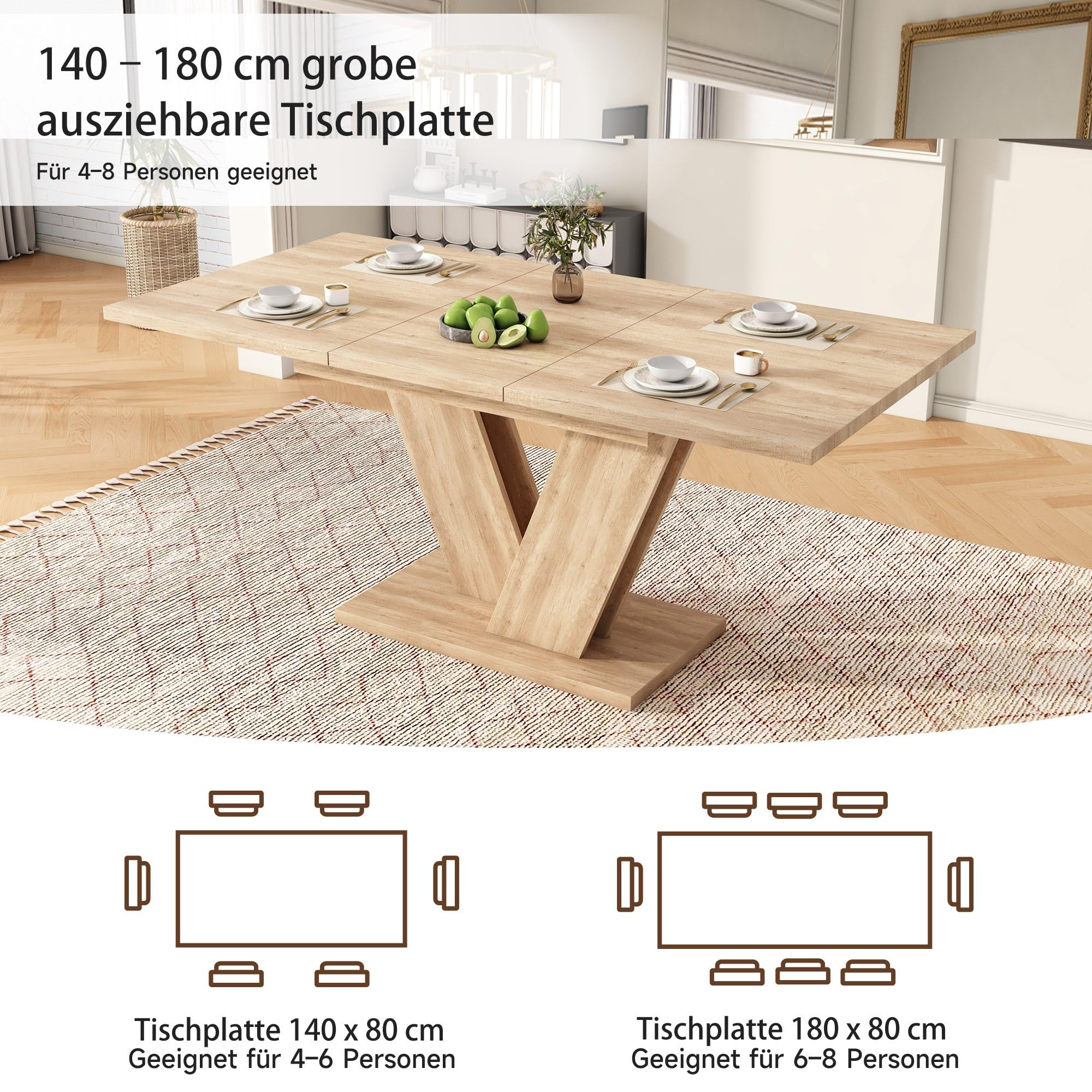 Ausziehbarer Esstisch 140/180 * 80 cm, für 4-6 Personen, Rechteckiger, verdickte Tischplatte, V-förmige Beine, Eichenfarbe