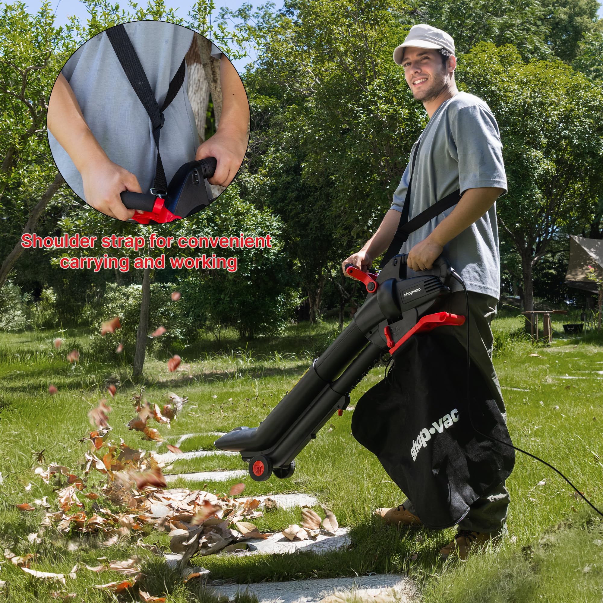 User operating the leaf blower/vacuum with the shoulder strap