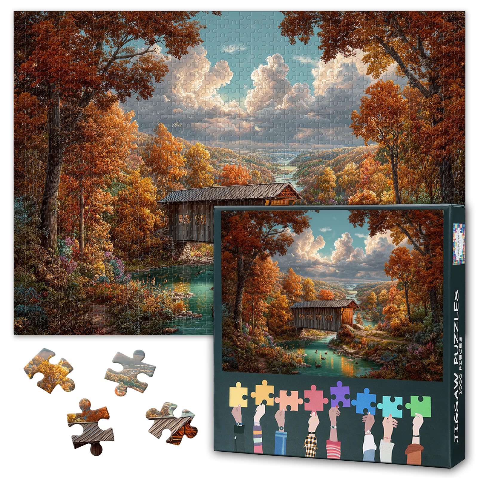 1000 Piece Jigsaw Puzzle for Adults - Autumn Village Wooden Bridge Landscape, 20x27 inches Premium Quality Cardboard Puzzles for Adults & Family, Challenging Adult Puzzle Games (Rural Scenery) — image 1