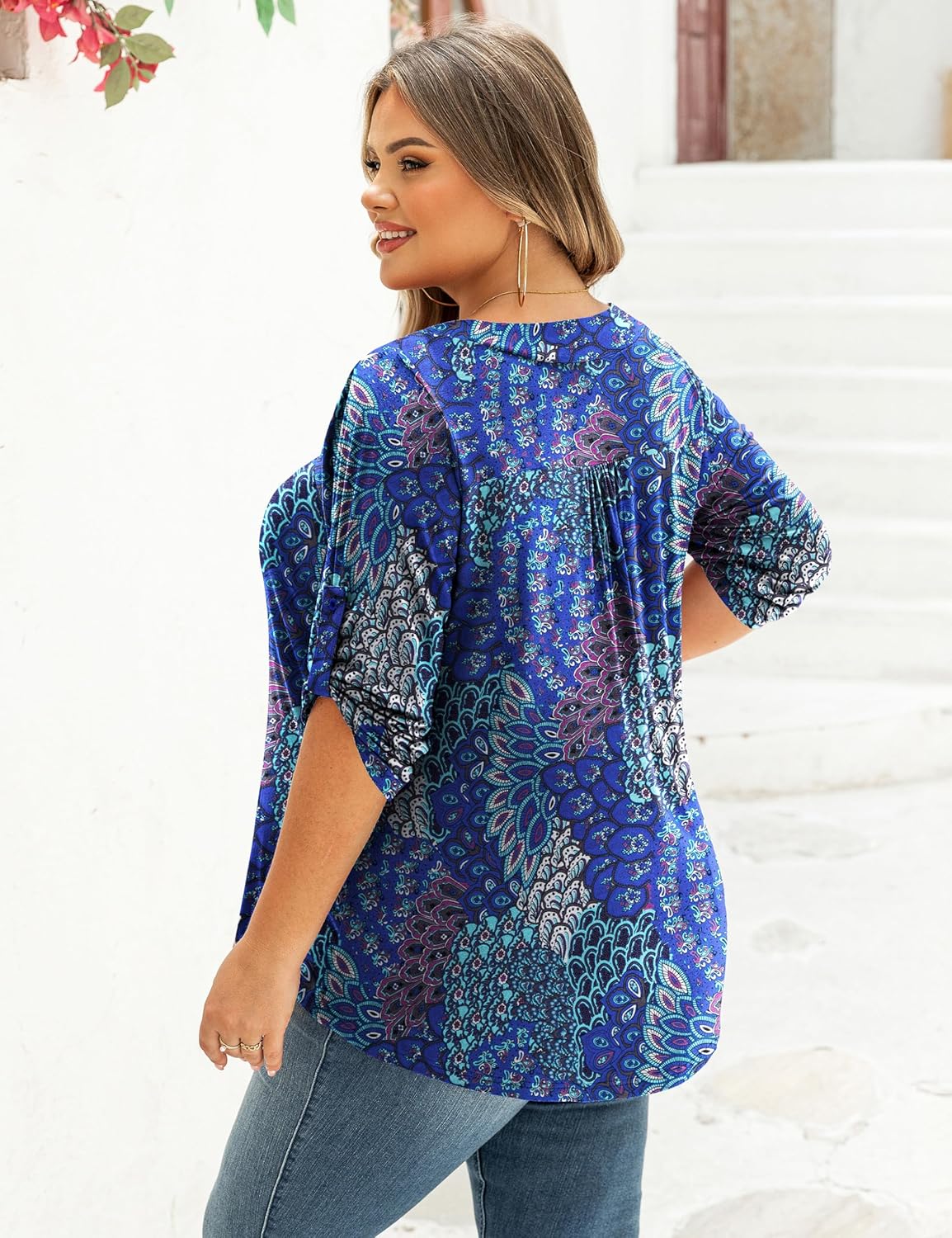 FOLUNSI Womens Plus Size 3/4 Roll Sleeve Blouses V Neck Casual Tunic Tops - Image 5