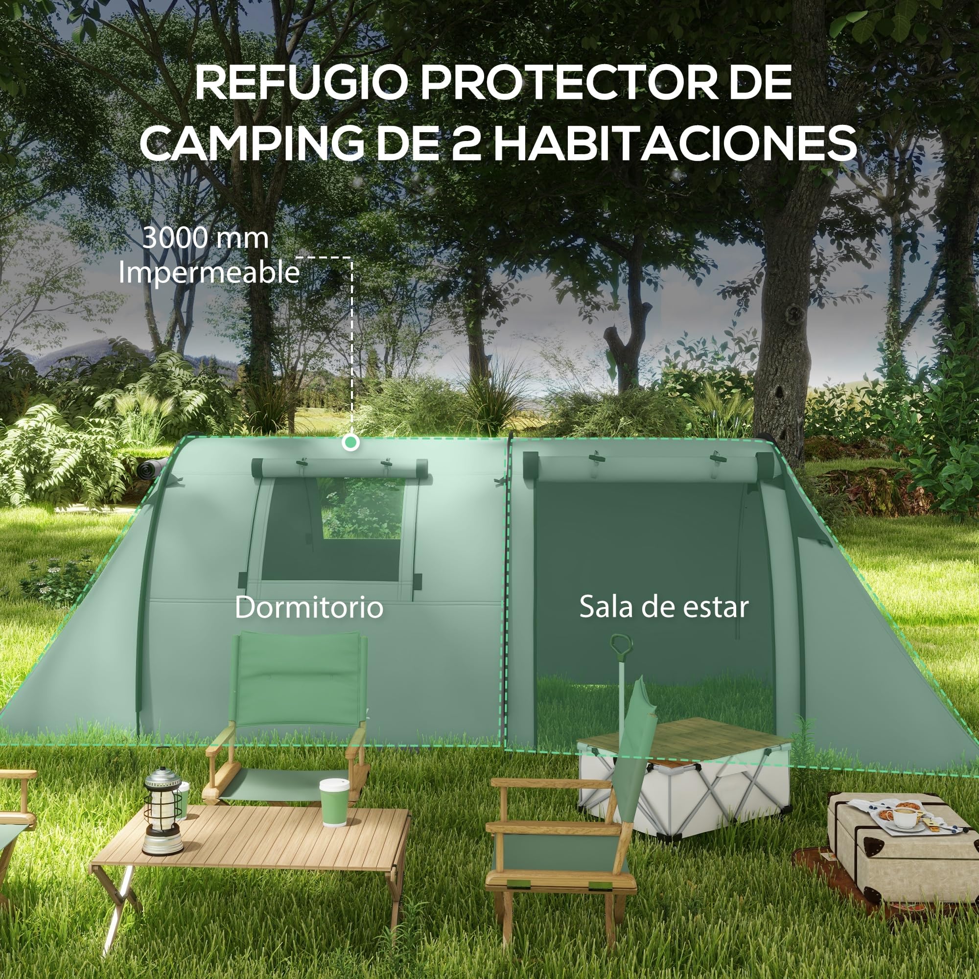 Outsunny Tienda de Campaña Familiar para 3 Personas Tienda Camping Plegable Ligera con Puertas Ventallas Gancho Bolsa de Transporte Impermeable 3000 mm para Playa Senderismo 470x220x150 cm