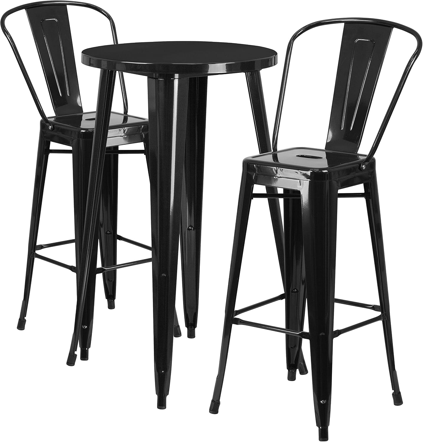 Merrick Lane Pasadena Outdoor Table and Stools Set - Black Metal Frames - 2 Stools with Slatted Backs - 24" Round Table - For Indoor-Outdoor Use
