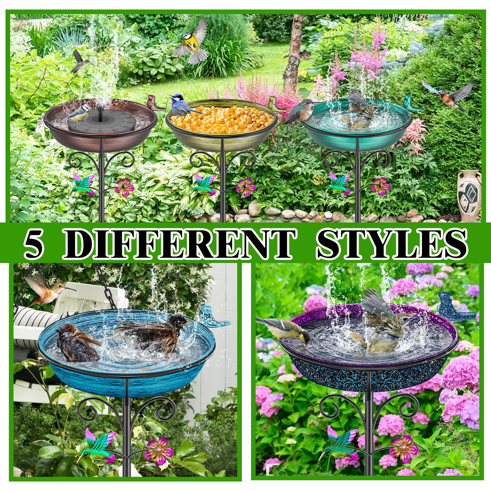 Vogeltränke Stehend aus Metall, Vogelbad für Draußen Garten mit 5 Erdspießen und Kolibri-Blumendekor, Mehrfarbige Wassertränke und Futterstelle für Vögel(Altblau)