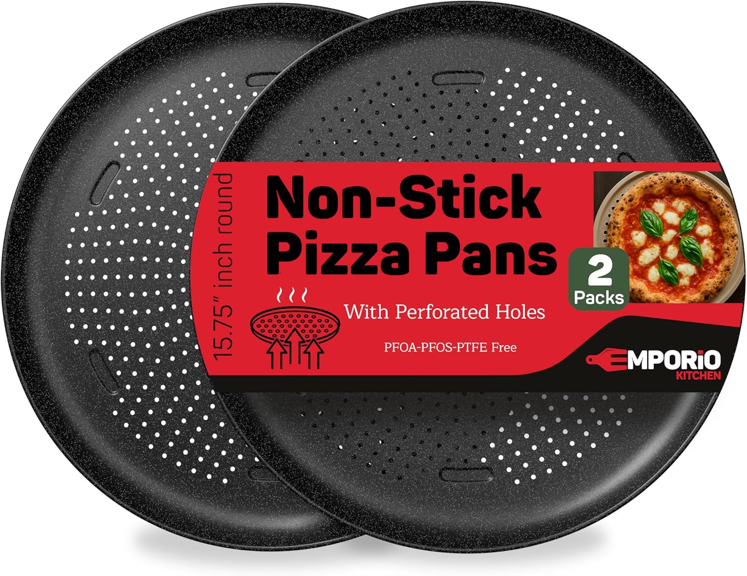 Non-Stick Pizza Pan 2 Pack – 16 Inch Round Carbon Steel Pizza Tray with Perforated Holes, PFOAPFOSPTFE-Free, Dishwasher & Oven Safe Up To 450°F, Durable Nonstick Gray Marble Coating Gray Marble 2 Pack