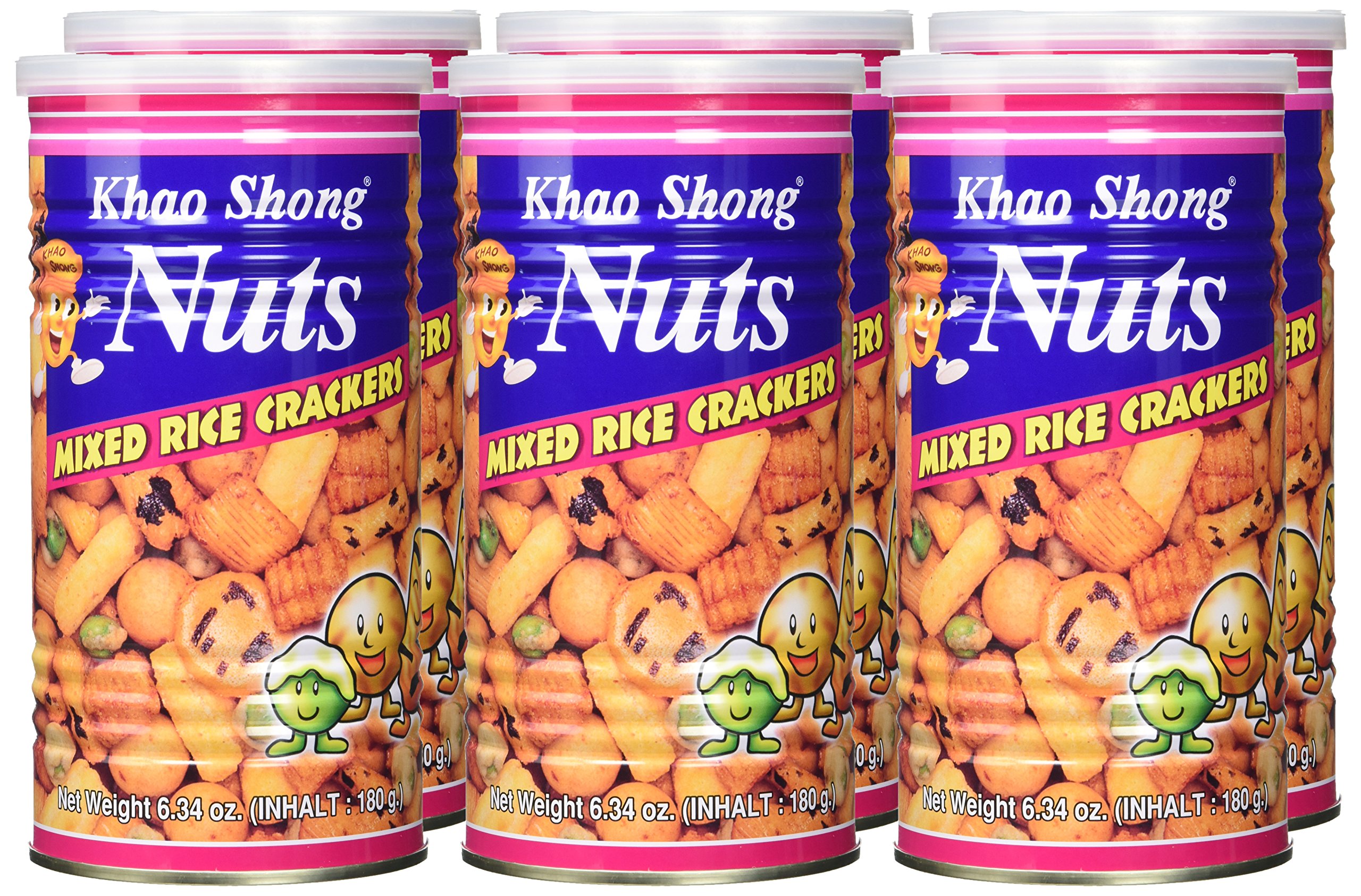 Khao Shong Mixed Rice Crackers, Reisgebäck Mischung mit überzogenen Erdnüssen und Erbsen, würzige Reiscracker, Snack-Vielfalt für unterwegs, 6er Pack, (6 x 180 g)