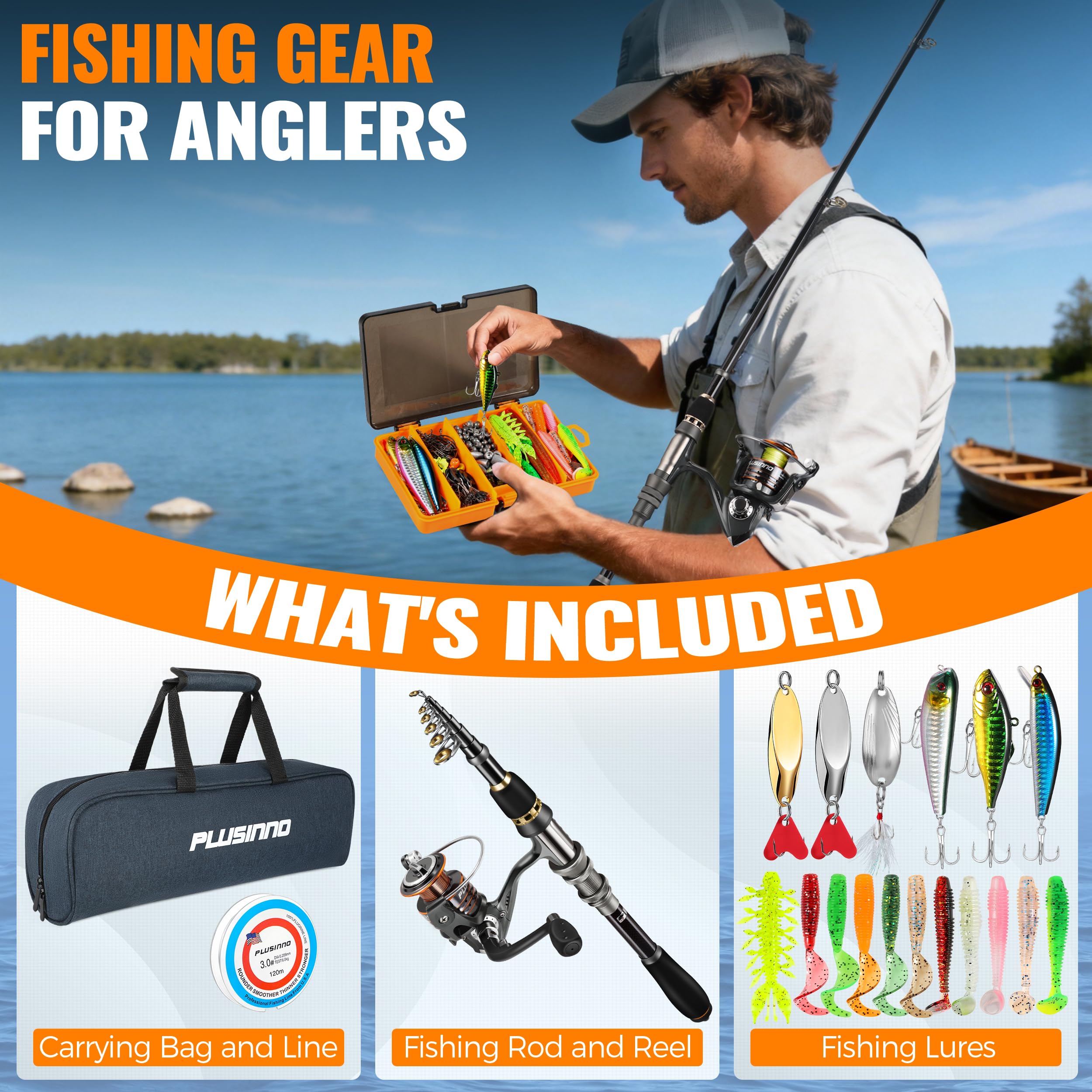 PLUSINNO Attrezzatura da pesca, canna da pesca telescopica e mulinello combinata con scatola per attrezzature, canna pieghevole e scatola per esche, kit di base per canna da pesca, accessori da pesca