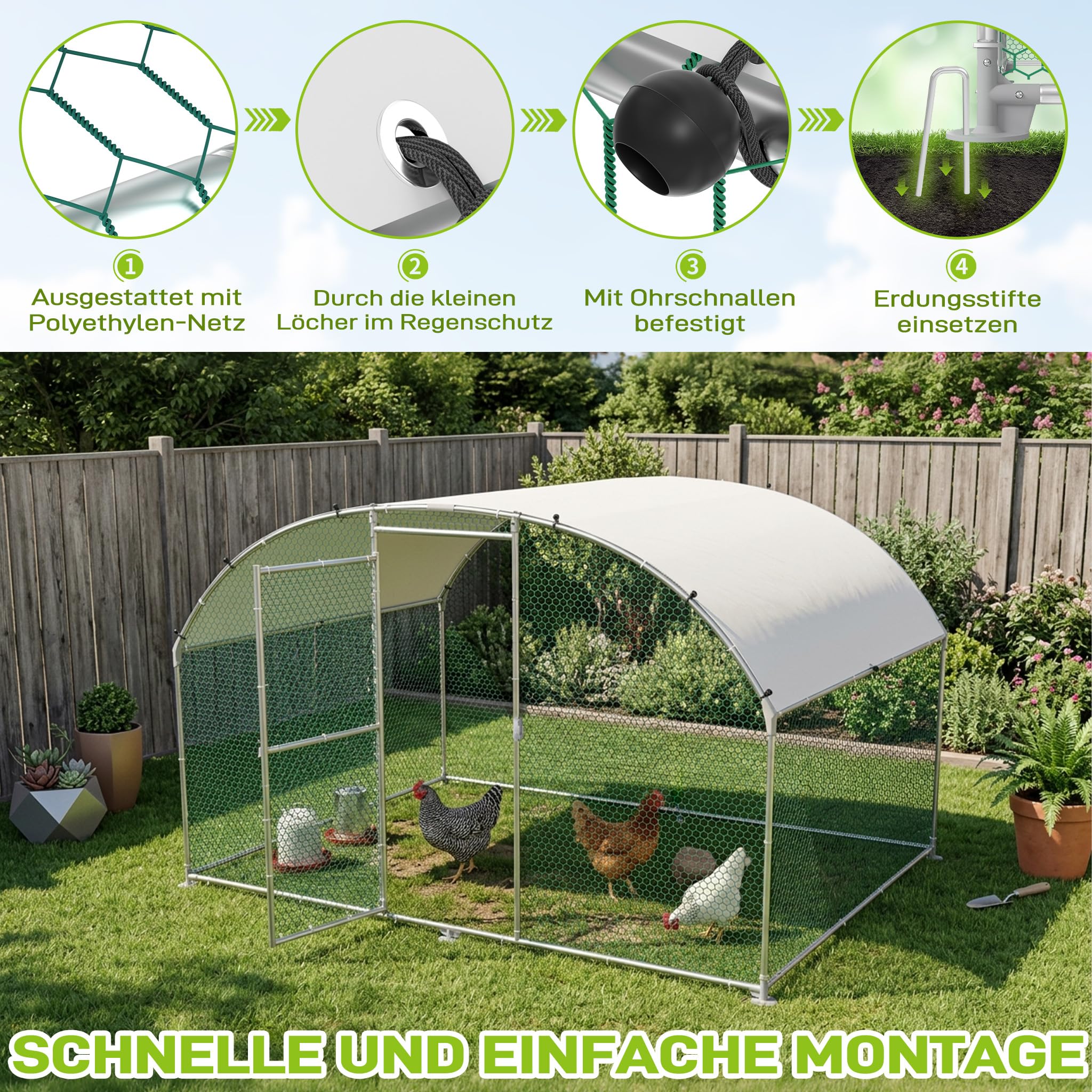 Froadp Pollaio 3 x 6 m gabbia per polli in metallo zincato Recinzione libera con protezione solare tetto e porta chiudibile a chiave, gabbie per pollo, pollame, conigli