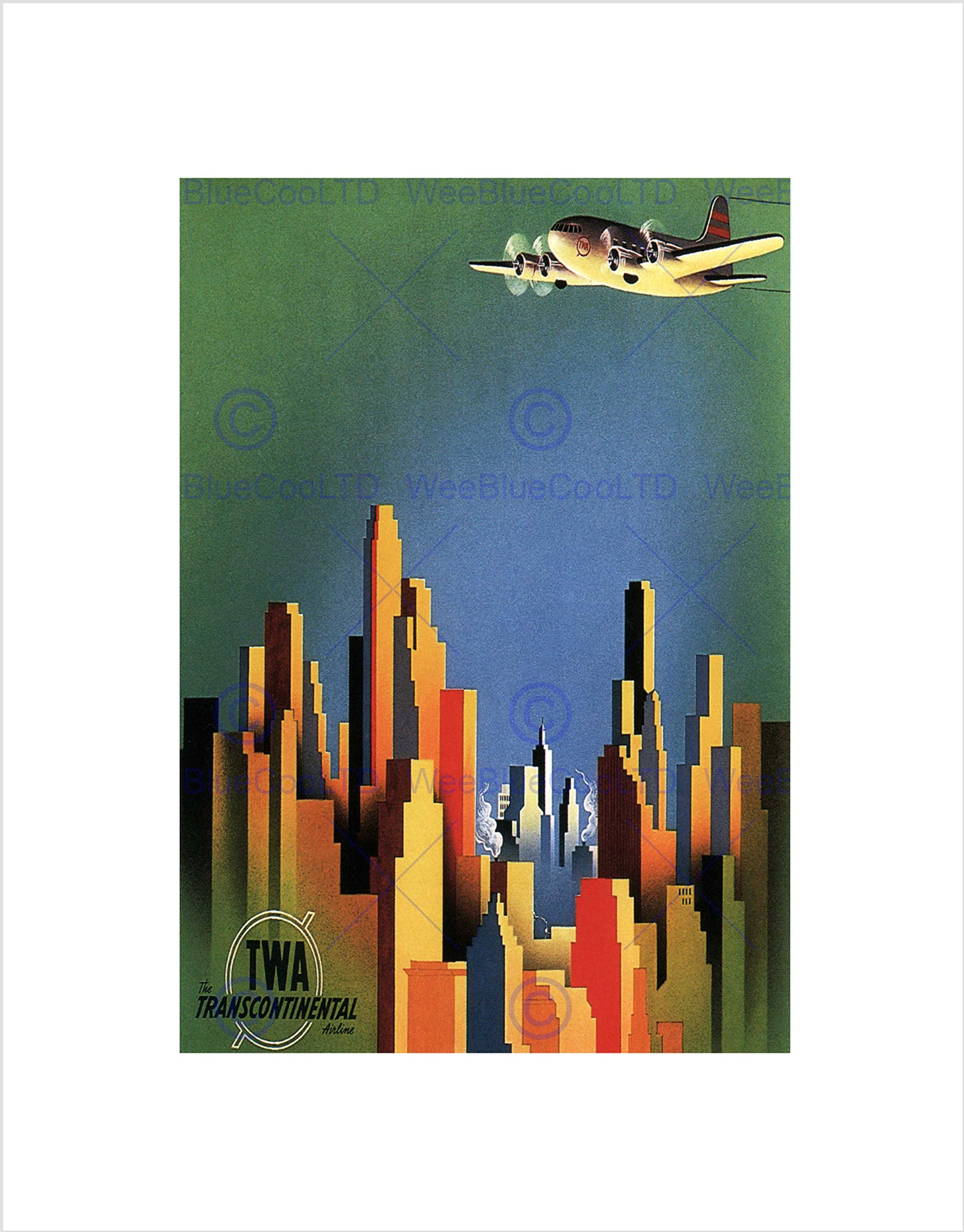 Wee Blue Coo Travel TWA Air Flight Plane City Skyscraper Vintage Advert Art Wall Art Print