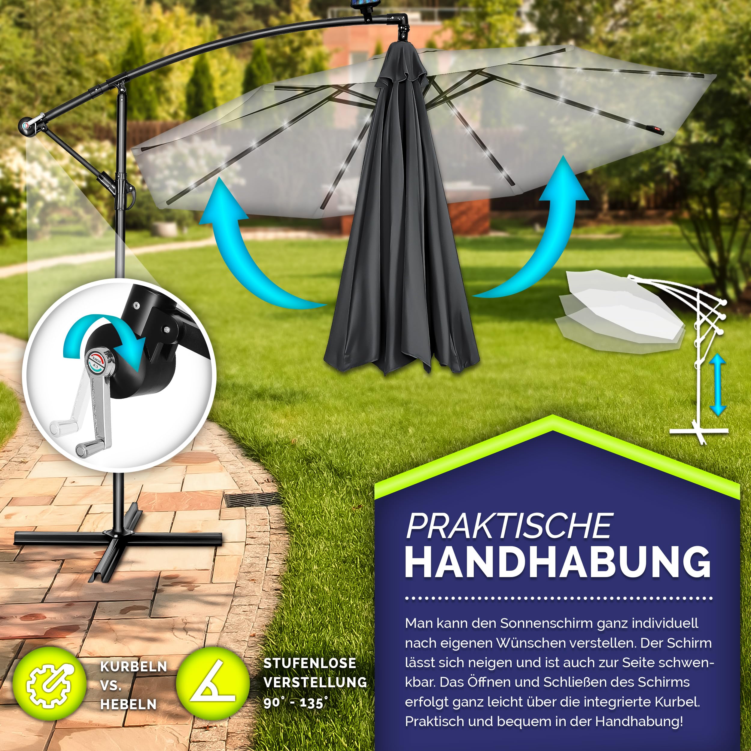 tillvex Alu Ampelschirm + Abdeckung LED Solar Ø 300 cm mit Kurbel, Abdeckung + Ständer | Sonnenschirm mit Windschutz | Gartenschirm UV-Schutz Aluminium | Kurbelschirm Marktschirm wasserdicht