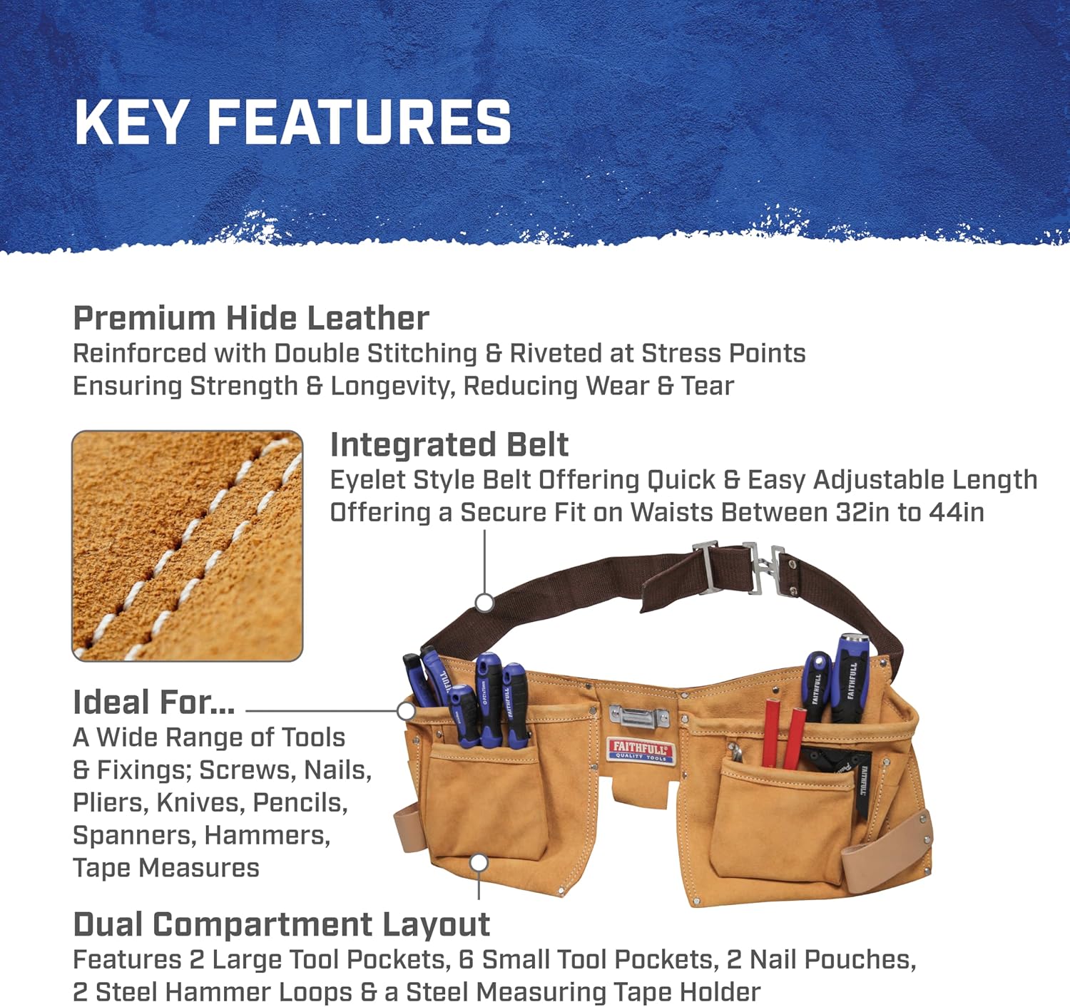 Faithfull FAIDTNP3 Suede Double Tool and Nail Pouch 215 mm x 500 mm with Webbing Belt (Fits Waists 29-46 Inch)