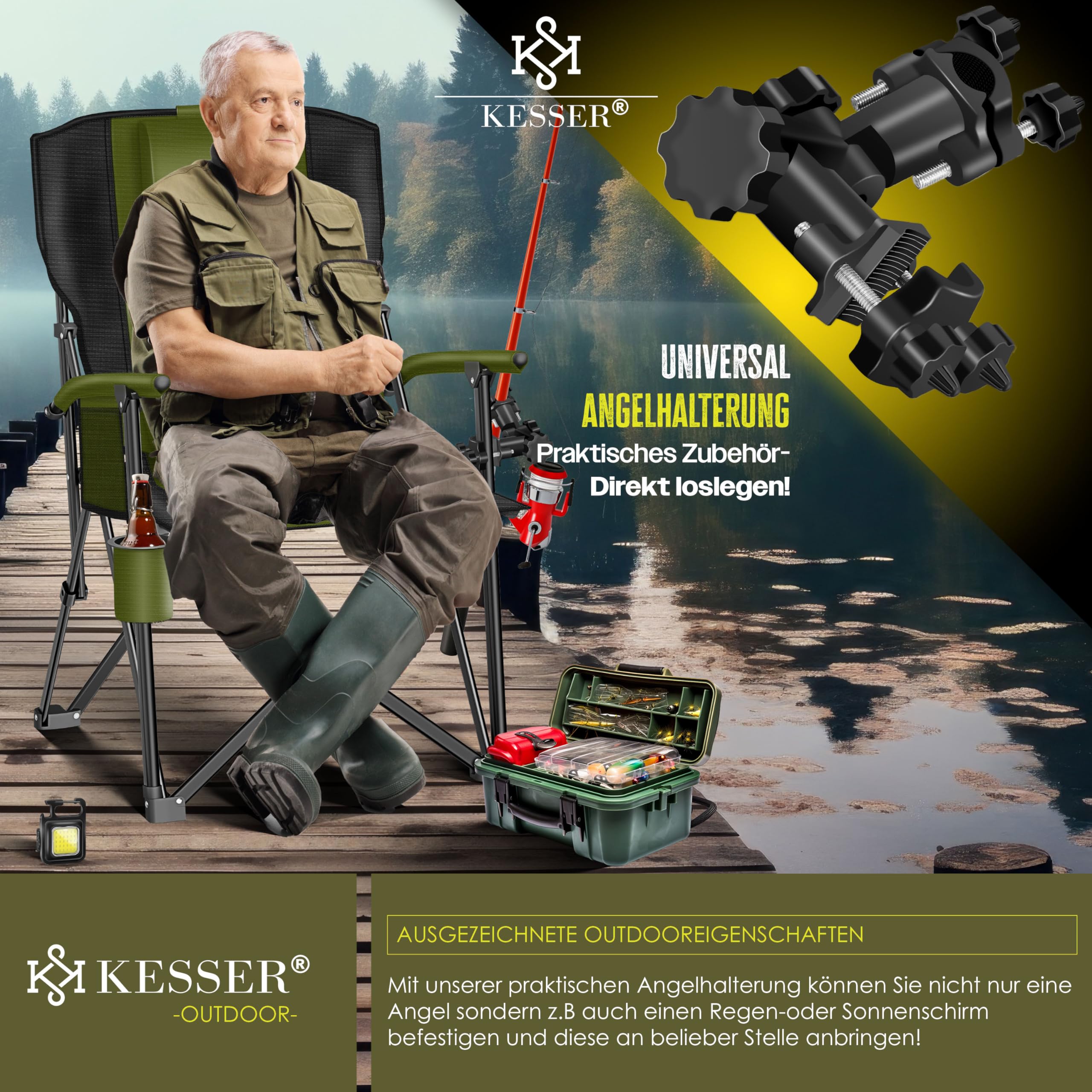 KESSER® Sedia da Campeggio Pieghevole Fino a 160 kg, Imbottita con Braccioli, Luce da Campeggio, Portabicchieri, Borsa con Schienale Alto, con Porta Canne da Pesca, Khaki/Nero